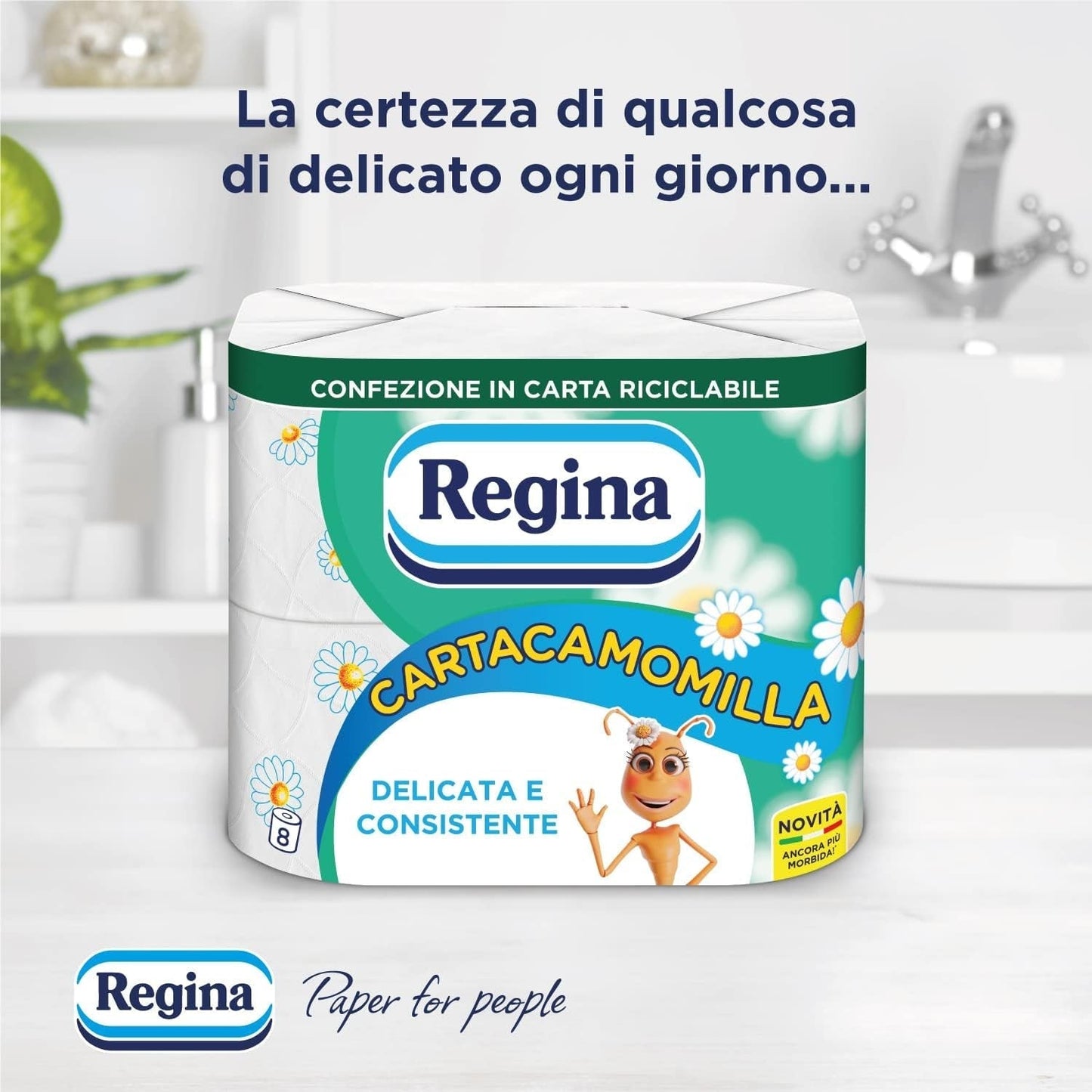 Regina Cartacamomilla - 8 rollen toiletpapier, 300 pluizige vellen, 3-laags, zacht en stevig, recyclebare papieren verpakking