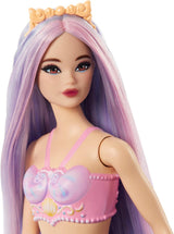 Barbie zeemeerminpop met roze en lila fancy haar en hoofdband, schelptop en lavendelblauwe staartvinpop, HRR06 Naty Shop-poppen