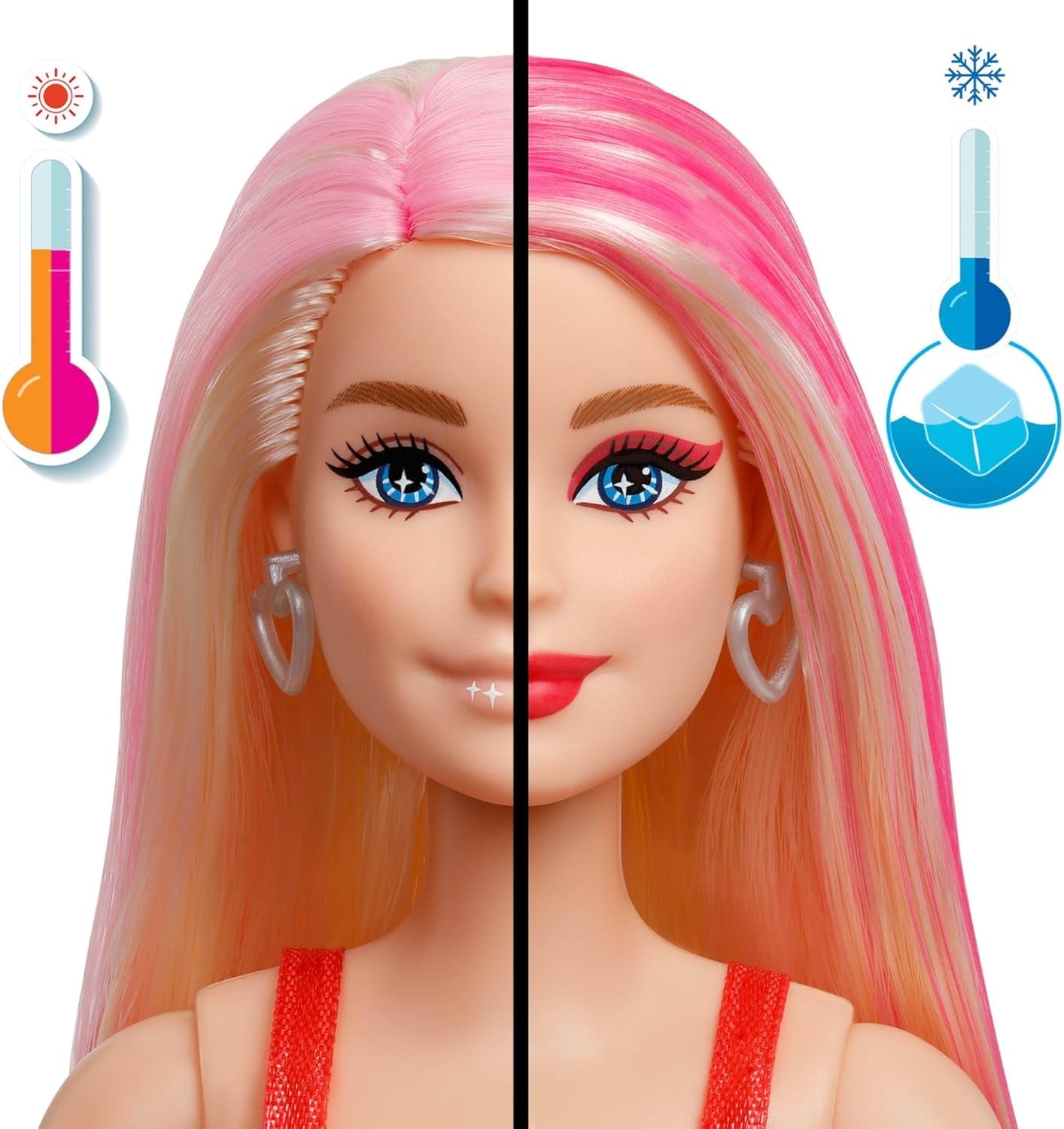 Barbie Party-pop zonder doos en accessoires, Glam Party-serie met 10 verrassingen, waaronder een felrode pop met kleurveranderingseffect, JFY68