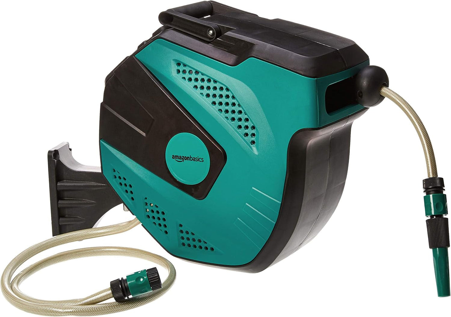 Amazon Basics wandgemonteerde slanghaspel met slang, zelfoprollend, 15 m, marinegroen, zwart