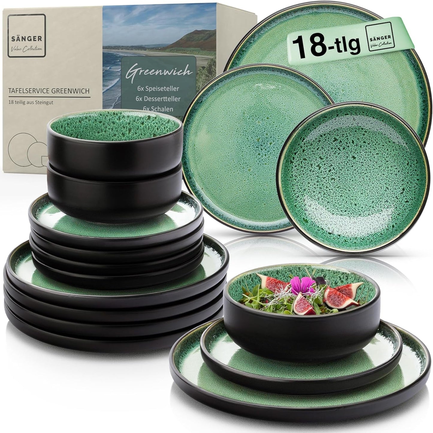 SÄNGER Greenwich | Serviesset van steengoed, 18-delig, bordenset voor 6 personen, serviesset (6 dinerborden, 6 dessertborden, 6 kommen), groen, krasbestendig, serviesgoed | DE WAARDE-COLLECTIE