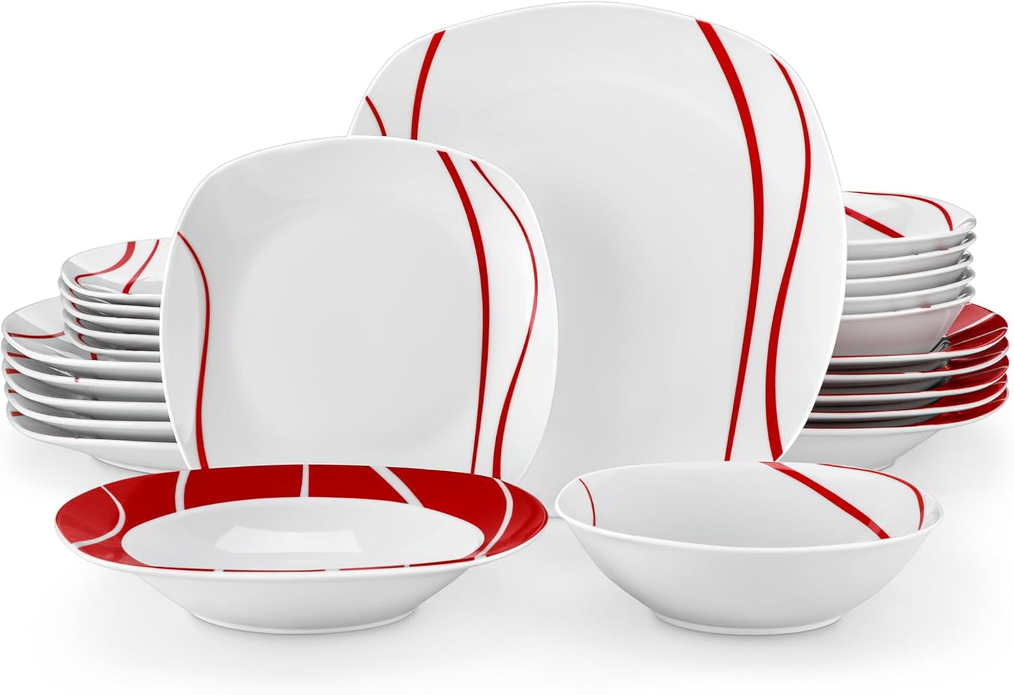 MALACASA Serviesset voor 6 personen, Felisa Porseleinen Serviesset 24-delig, Moderne Serviesset met 6 Dinerborden, Dessertborden, Suma Borden en Kommen, Perfect voor Kerstmis en Dagelijks Gebruik