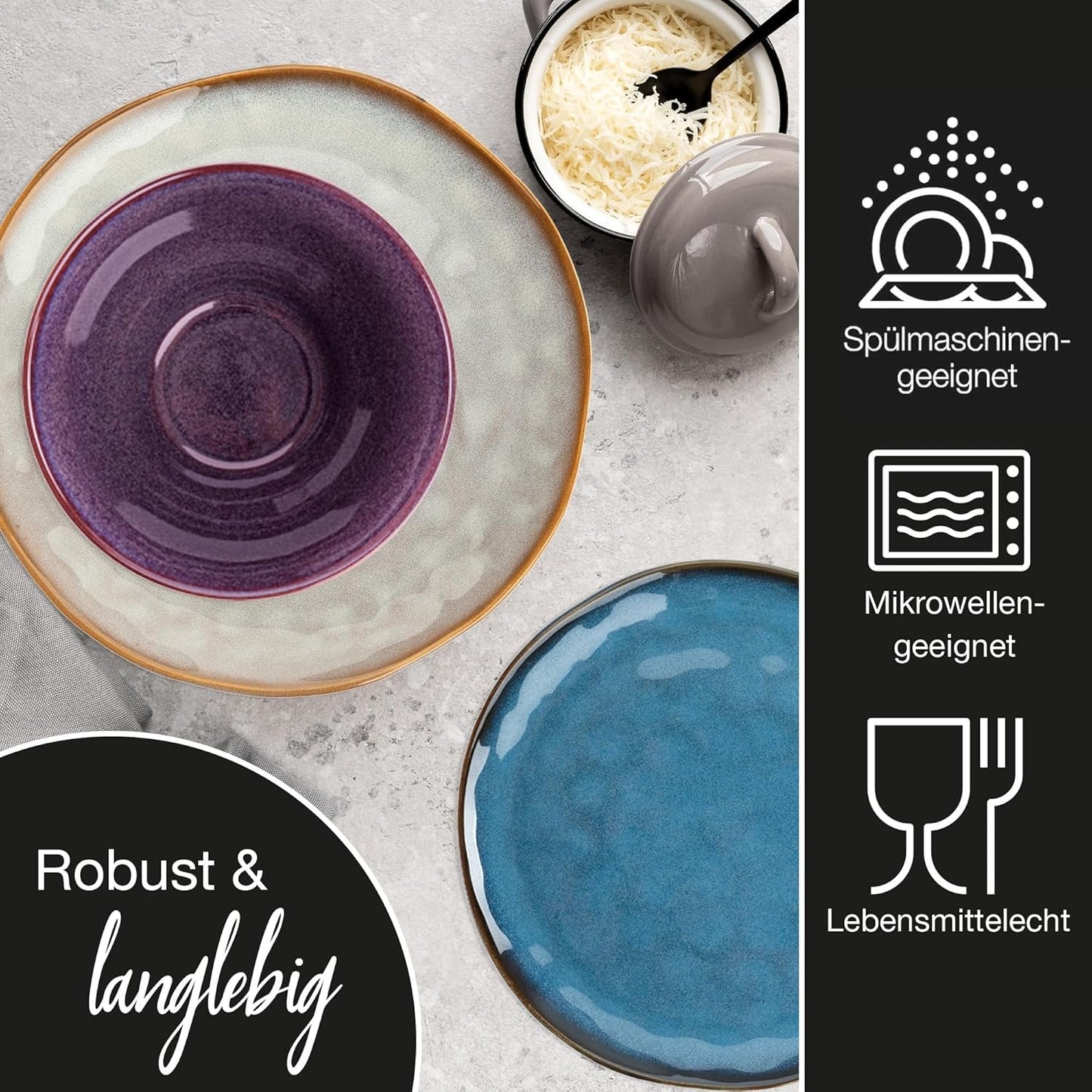 Moritz & Moritz COPA 16-tlg Geschirrset 4 Personen - Elegantes Teller Set aus hohrstandigem Steinzeug - Geschirr Set 4 Personen met 4x Dinnerteller, Dessertteller, Müslischale & Kaffeebecher