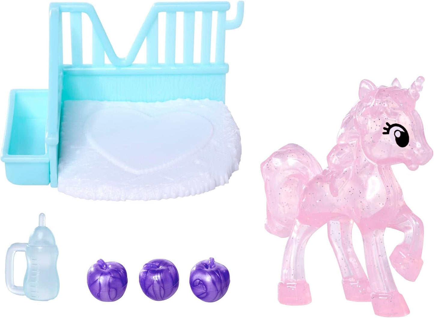 Simba Evi Love Eenhoorn speelpop met schattige eenhoornjurk met bijpassende hoofdband, inclusief een eenhoorn met stal, appels en een drinkfles, 12 cm, vanaf 3 jaar