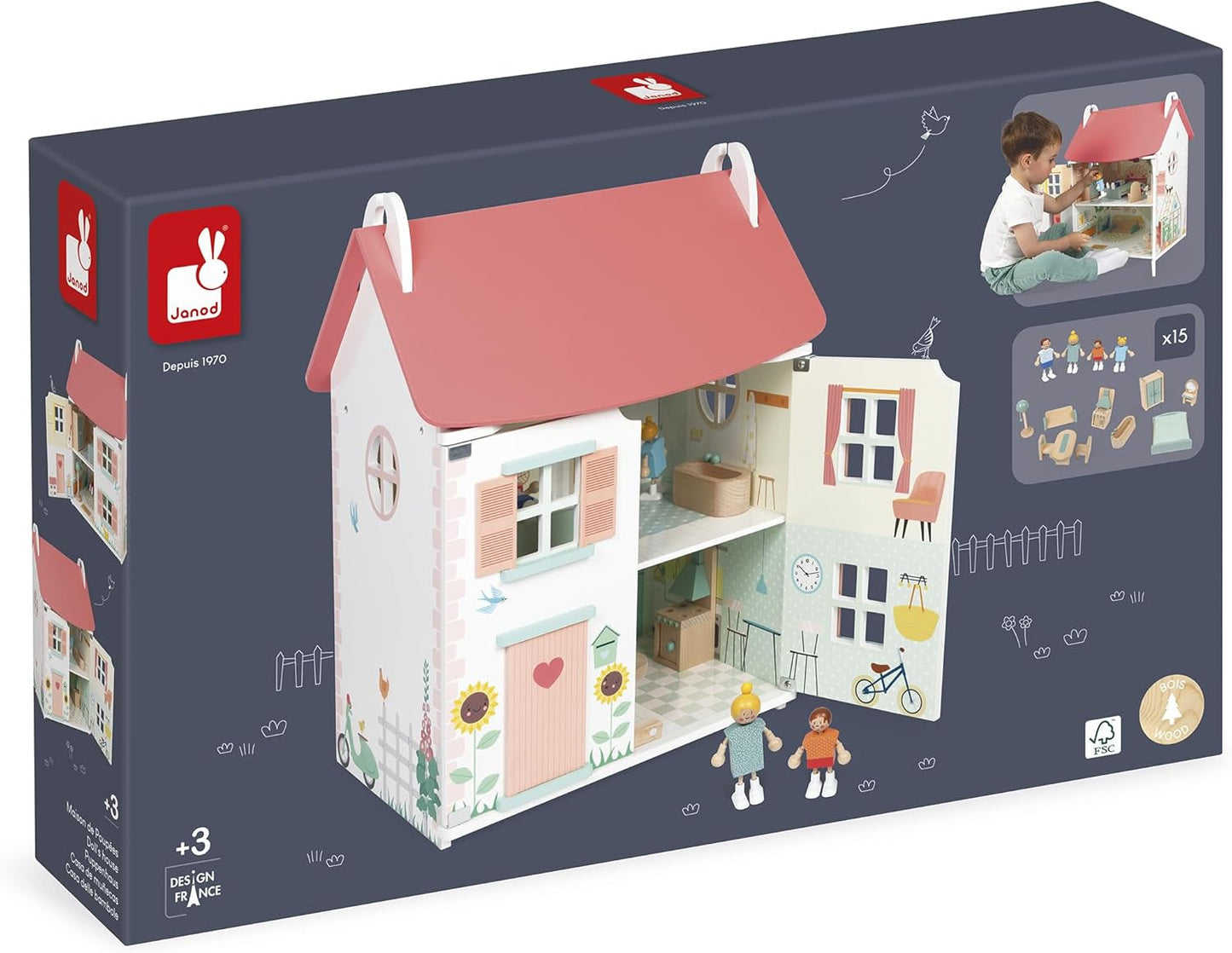 Janod - Mijn eerste houten poppenhuis - 10 accessoires - Poppenmeubels - Magnetische deuren en afneembaar dak - FSC-gecertificeerd houten speelgoed - Vanaf 3 jaar