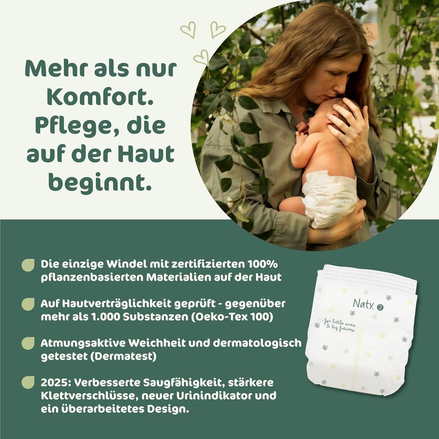 Naty BioEmbrace-babyluiers, maat 3 (4-9 kg) | 100% plantaardige materialen, zacht voor de huid | Ademende zachtheid, dermatologisch getest, uitstekende absorptie | 100 stuks
