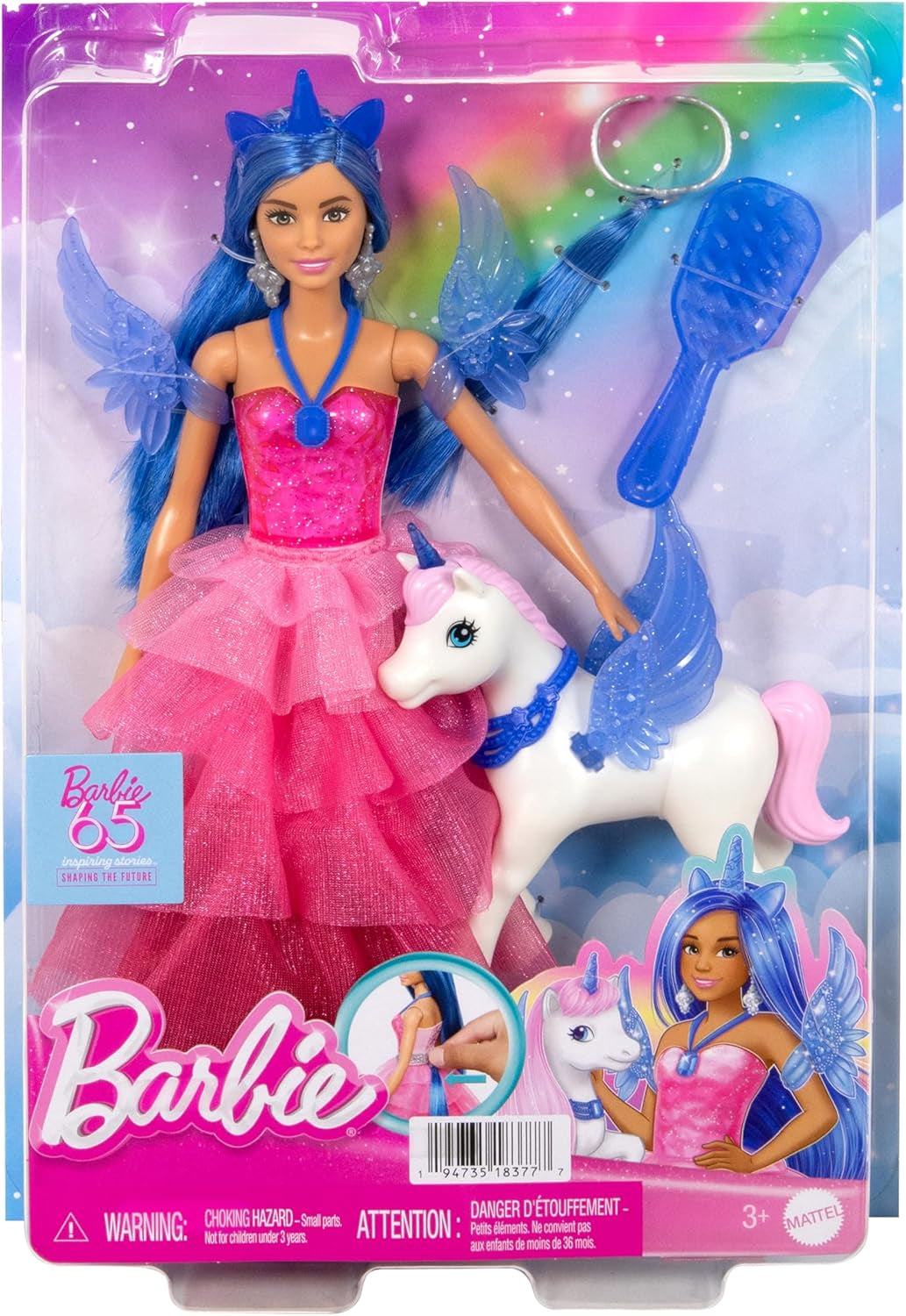 Barbie Hidden Magic - Eenhoornpop, roze jurk met saffierblauwe details, eenhoornhoofdband, afneembare saffiervleugels en staart, vanaf 3 jaar, HRR16