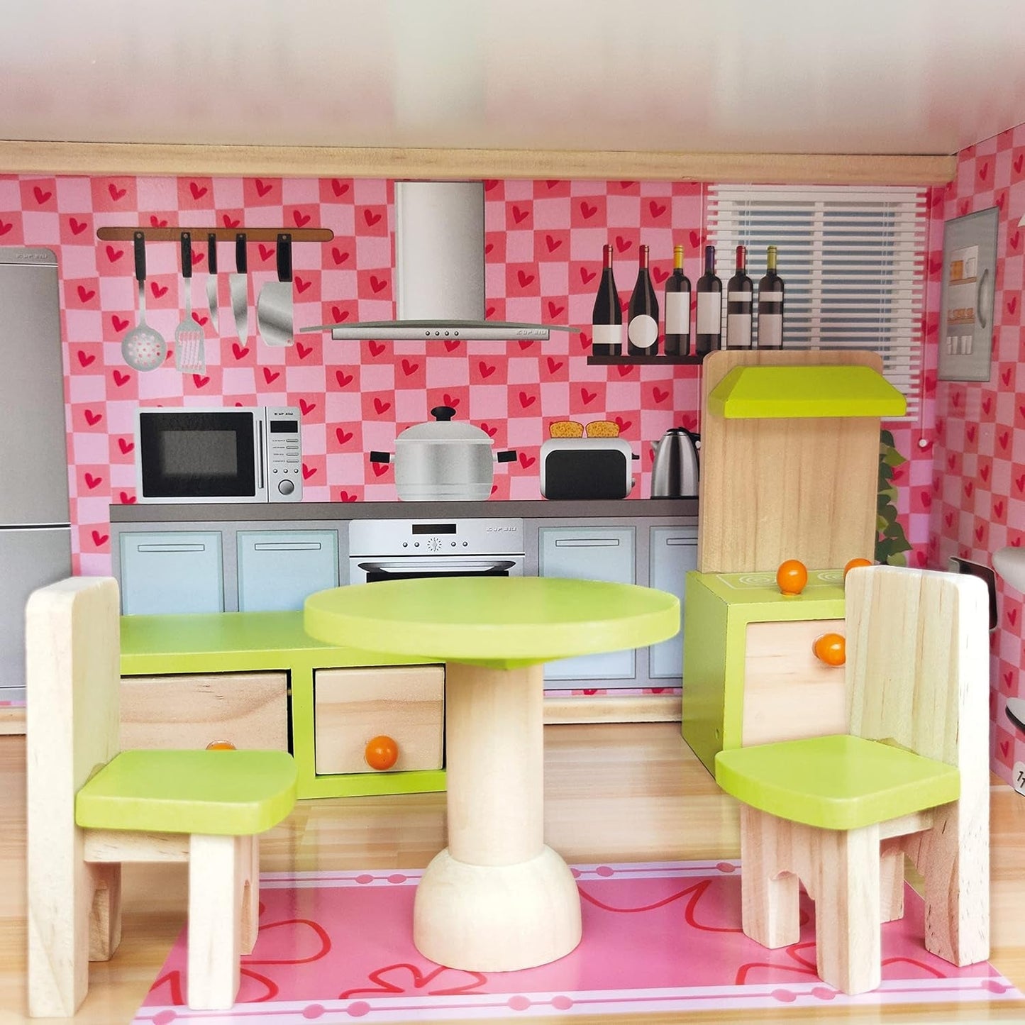 Bino World of Toys Poppenhuis met balkon, Speelgoed voor peuters vanaf 3 jaar, met 3 verdiepingen, trappen, 4 kamers en balkon incl. 15-TLG. Accessoires, Om de vaardigheden van kinderen te bevorderen, Roze design Naty Shop poppenhuizen
