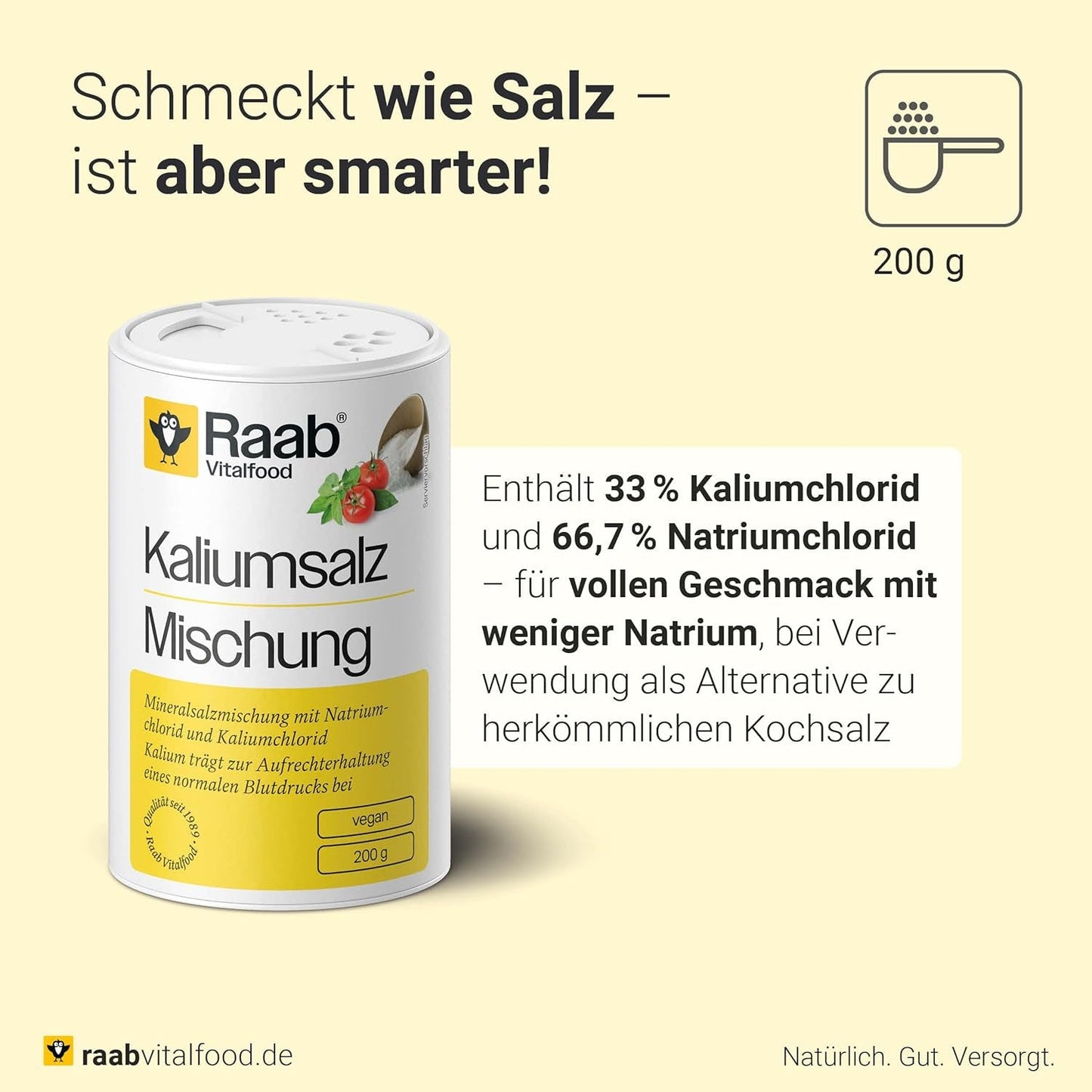 Raab Vitalfood Kaliumzout-Mischung, Mineralsalzmischung mit 66,7% Natriumchlorid (Kochsalz) en 33% Kaliumchlorid, Kalium trägt zur Aufrechterhaltung eines normalen Blutdruck bei (1 x 200 g dosis)