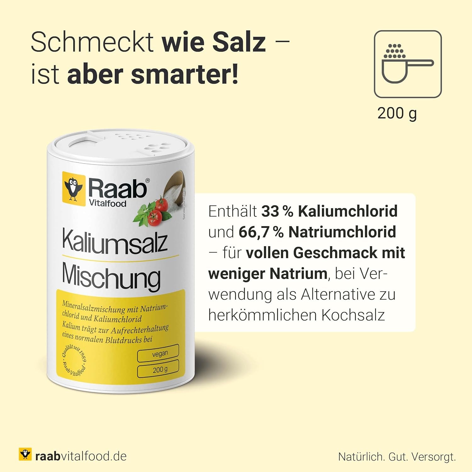 Raab Vitalfood Kaliumzout-Mischung, Mineralsalzmischung mit 66,7% Natriumchlorid (Kochsalz) en 33% Kaliumchlorid, Kalium trägt zur Aufrechterhaltung eines normalen Blutdruck bei (1 x 200 g dosis)