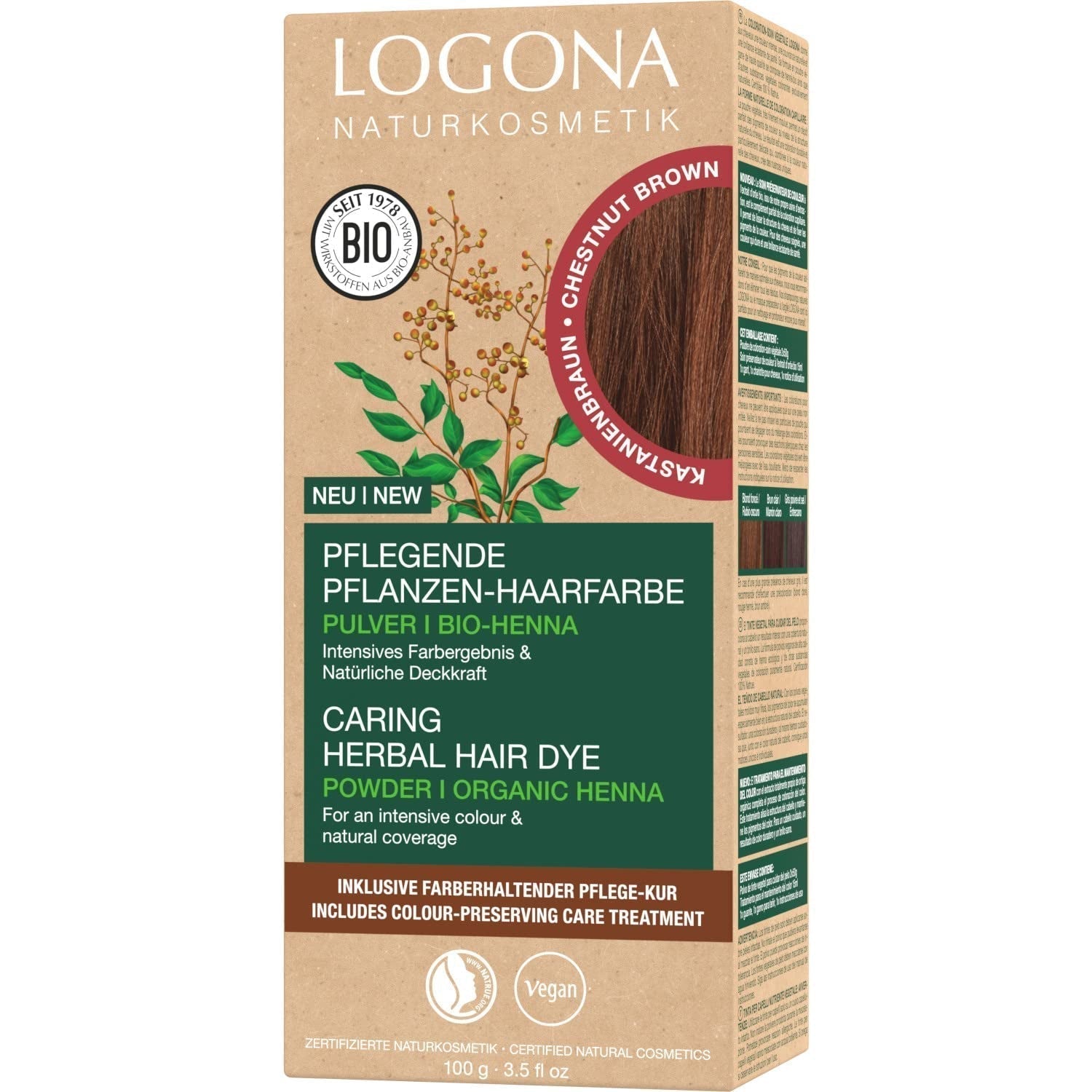 LOGONA Natural Cosmetics Kruiden voedende haarverf, biologische hennapoeder Veganistische haarverf voor intense kleur en glans, Kruidenhaarverf in koperblond (blond), 1 x 100 g Naty Shop kastanje haarverf 100 g (1 verpakking)