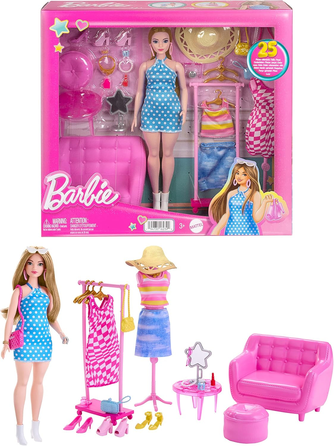 Barbie modepop en garderobeset met kleding, accessoires en salonmeubilair, langdurig kappersplezier voor kinderen vanaf 3 jaar, HPL78