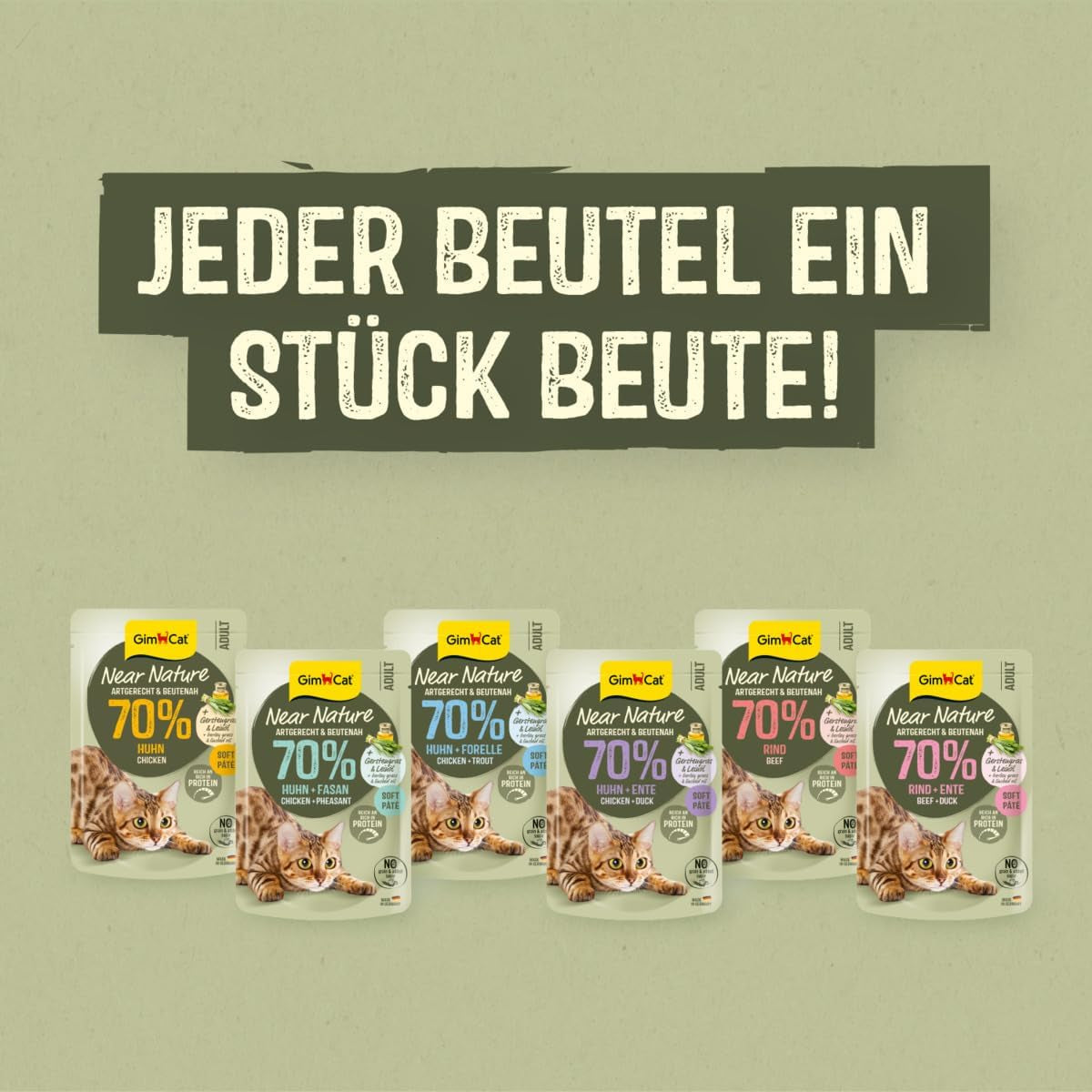 GimCat Near Nature Trial Mix 12 Pack - Natgraanvrij voer voor katten vanaf 7 maanden met een soortgeschikte en prooispecifieke receptuur - 12 zakjes (12 x 85g)