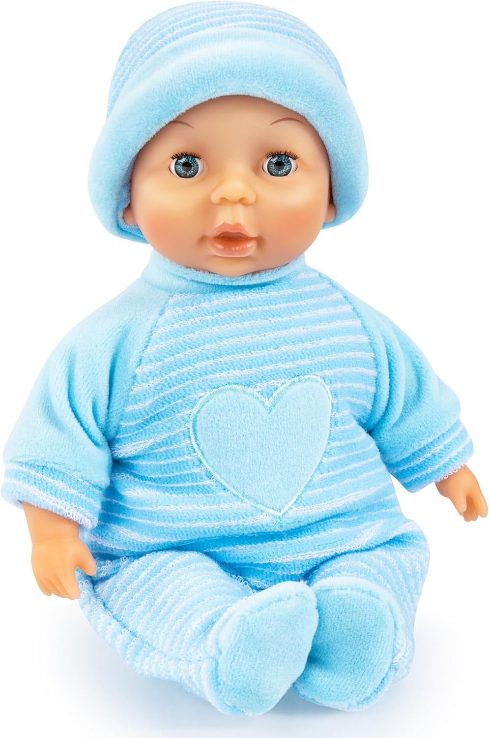 Bayer Design 92802AU Mijn eerste baby 28 cm, babypop, pop met zacht lichaam en slapende ogen, erg handig, schattige outfit, blauw met hart