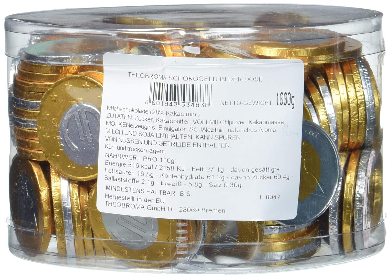 Theobroma Goldgeld Schokoladen Euros, Lose Münzen in Der Dose, 1Er-pakket (1 X 1 Kg) Naty Shop Euros