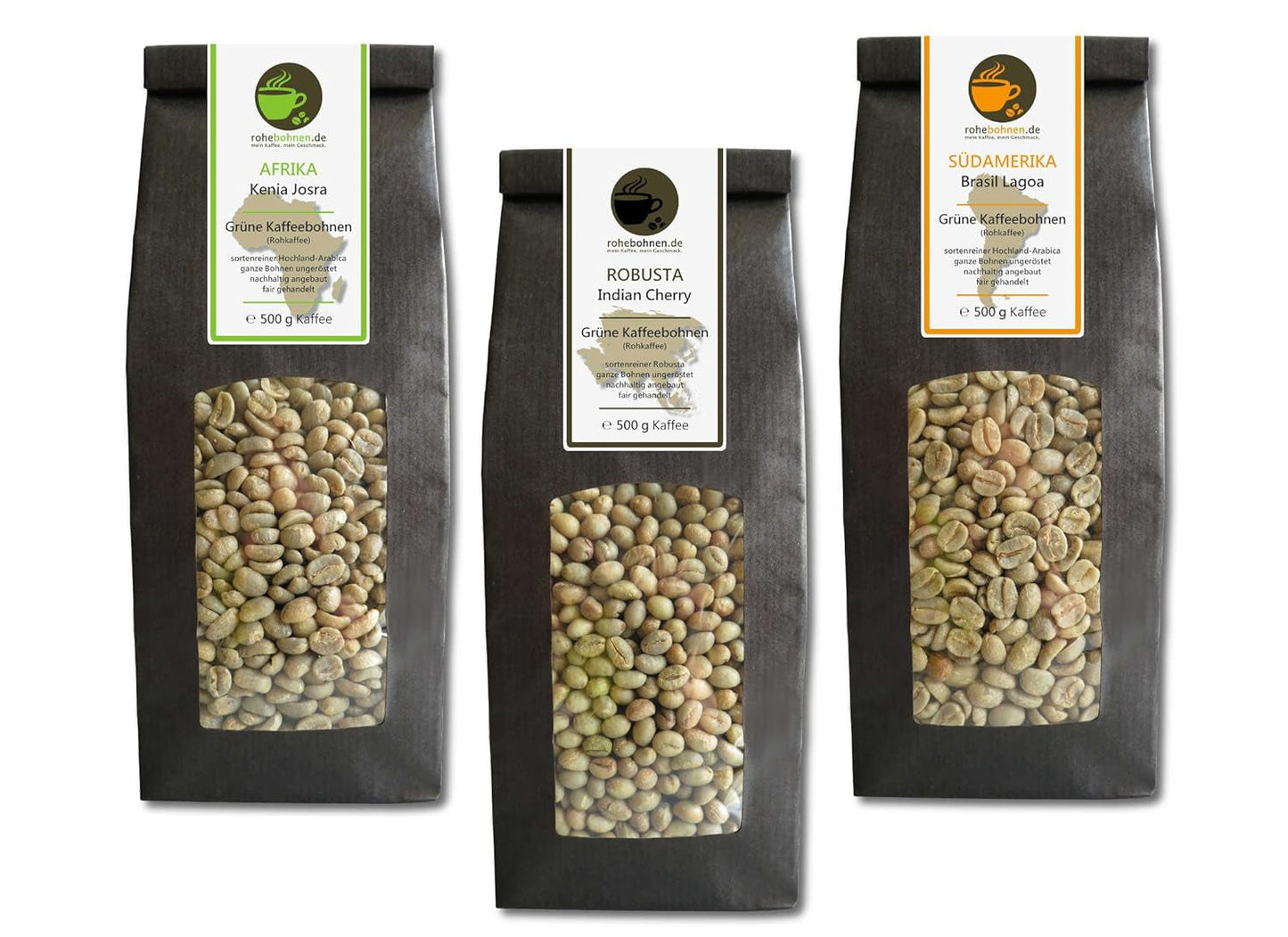Rauwe koffie - Groene koffie Kenia, India, Brazilië (verlaagd pakket groene koffiebonen 3x500g) - GMP-certificaat