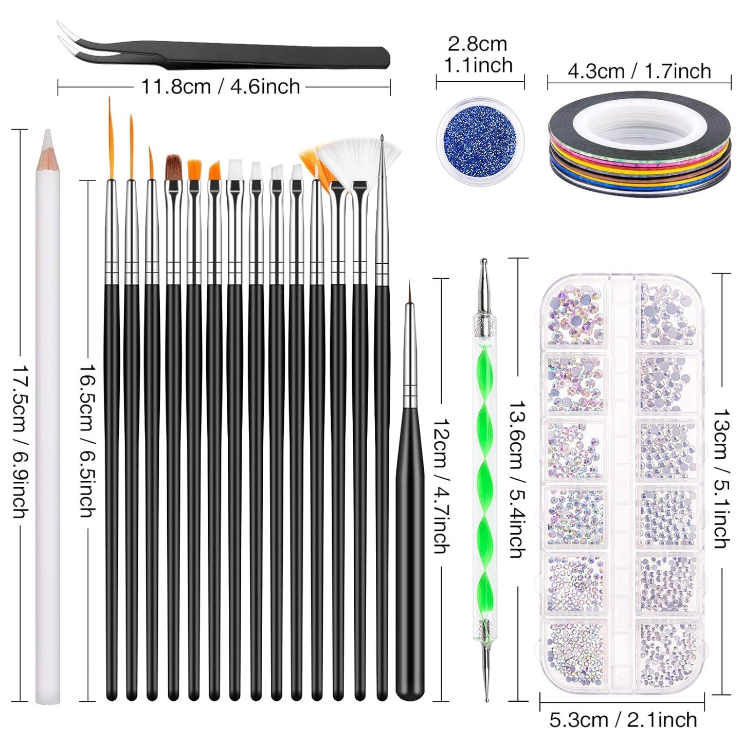 MELLIEX 45 Stück Nail Art Decoratie Zubehör Set, Nägel Pinsel Strasssteine ​​Glitzer Goldfolie Nageldesign Dotted Pen Streifenband Für Nagelkunst Maniküre Set