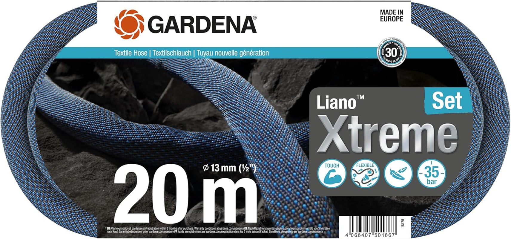 Gardena Liano Xtreme 1/2 inch 20 m set: Extreem robuuste textiel tuinslang met lichtgewicht, weerbestendige PVC binnenslang (18470-20)