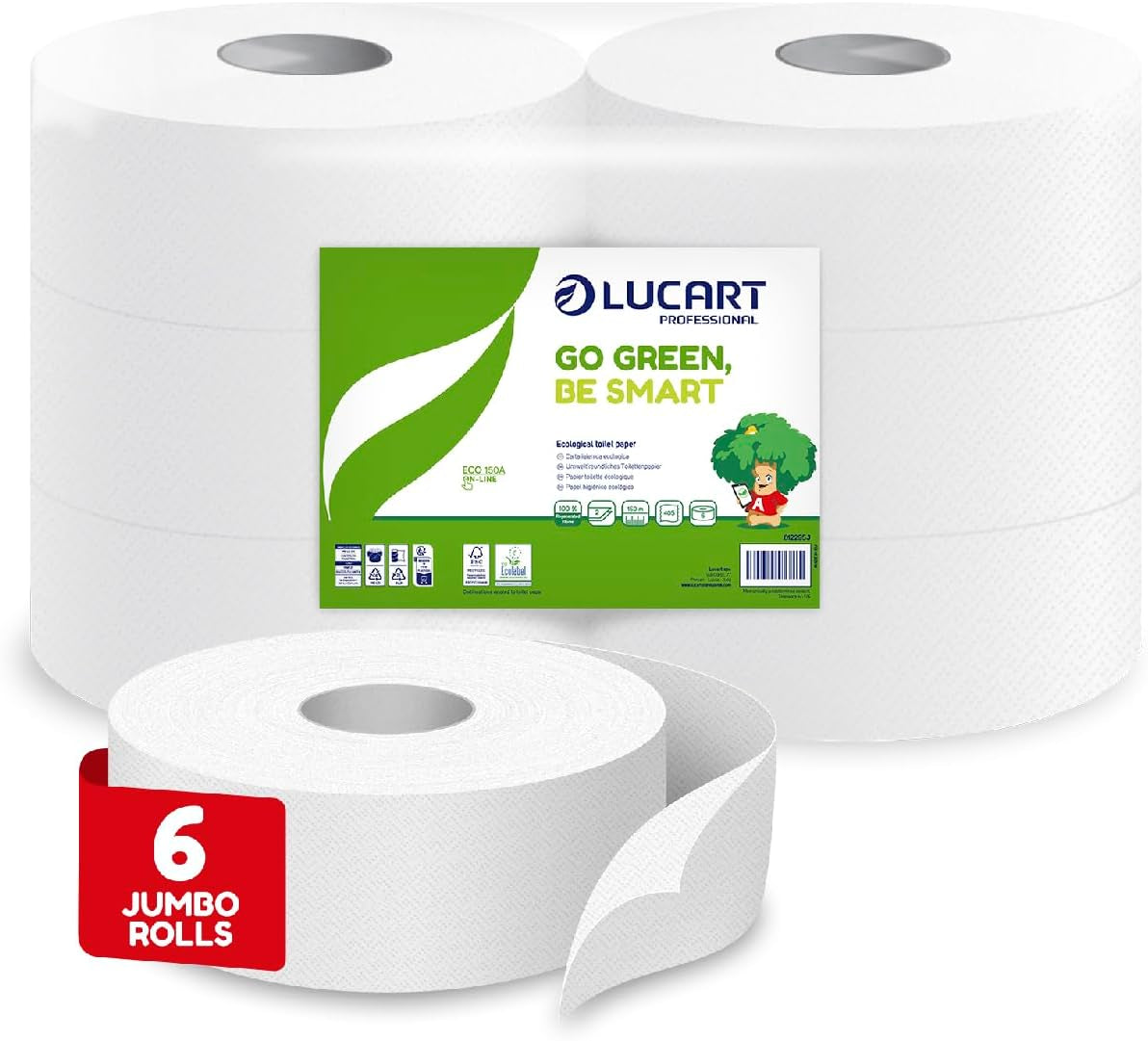 Jumbo Eco-toiletpapierrollen, 2-laags, handwascrème met reinigende, hydraterende en gladmakende formule - bloemengeur - 5L, 6 stuks (1-pack)