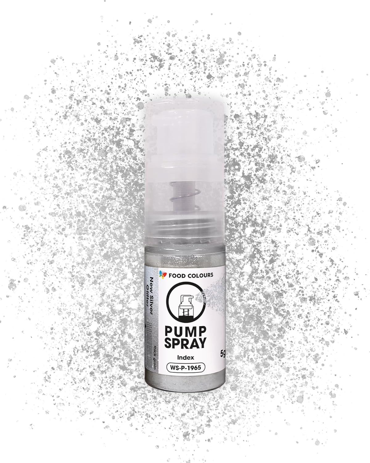 Eetbare glitter food spray NEW SILVER SHIMMERING 5G pomp met metallic poeder voor snelle en effectieve decoratie van taarten, crèmes, gelei, pralines, chocolade en suikerdecoraties