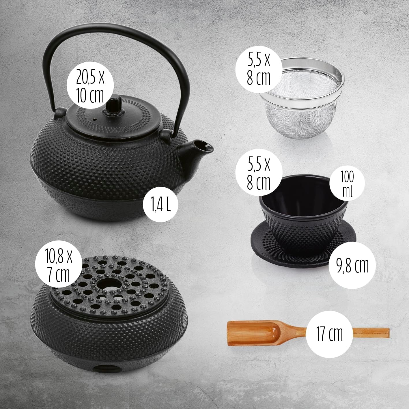 Lumaland 8-delig theeservies | 1,4 Liter Tetsubin Gietijzeren Theepot | Gietijzeren kachel | 2 theekopjes en 2 schoteltjes | Japans theeservies inclusief bamboe maatlepel en roestvrijstalen zetgroep