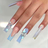 24 stuks vlinderblauwe kunstnagels vierkante druk op Franse lange glitter sprankelende strass valse nageltips