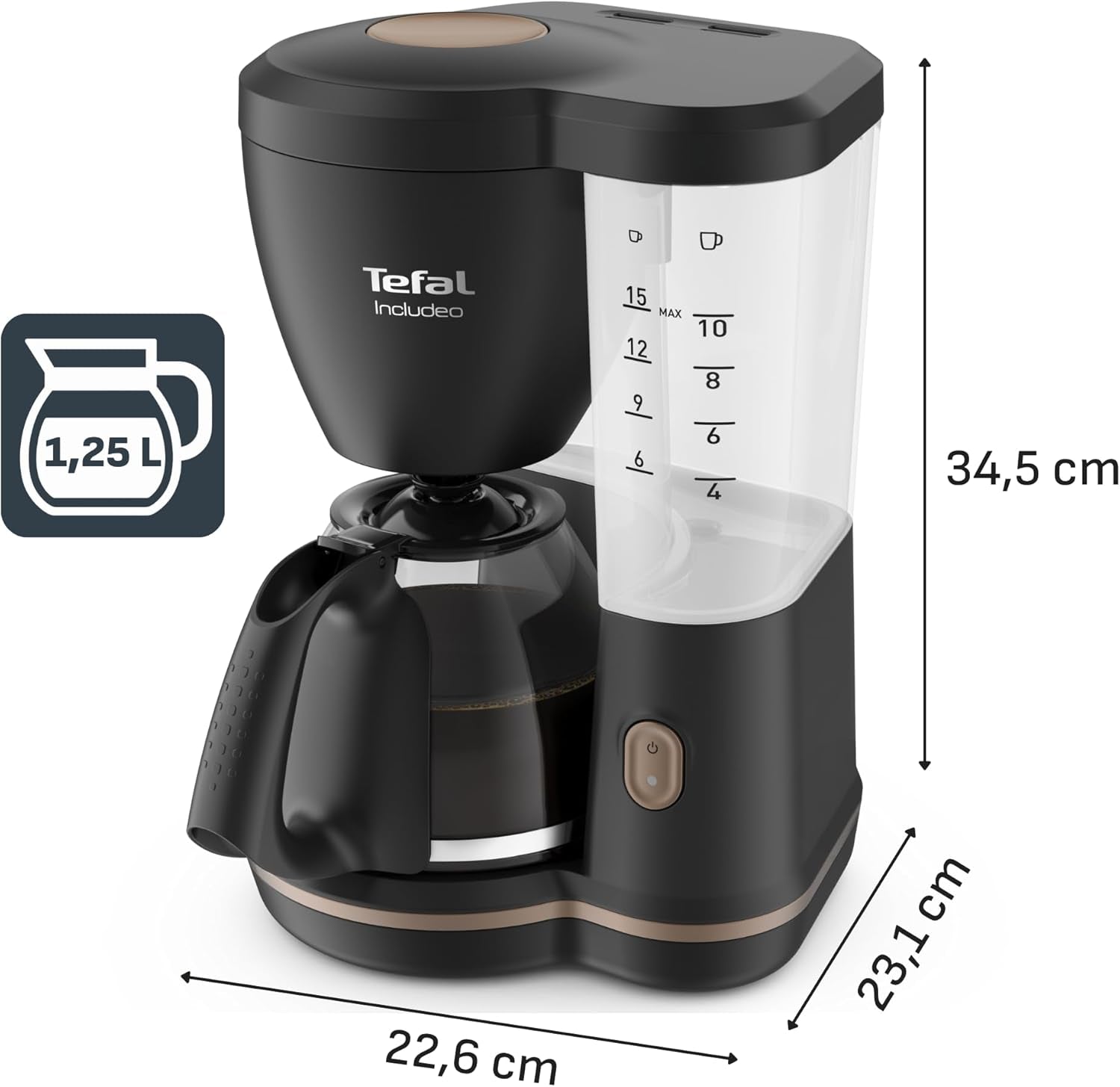 Tefal Incluo Filter-espressomachine, espressomachine Extreem eenvoudig in gebruik, geschikt voor rechts- en linkshandigen, automatische dekselopening, 1,25 l, 10 tot 15 kopjes, CM533811