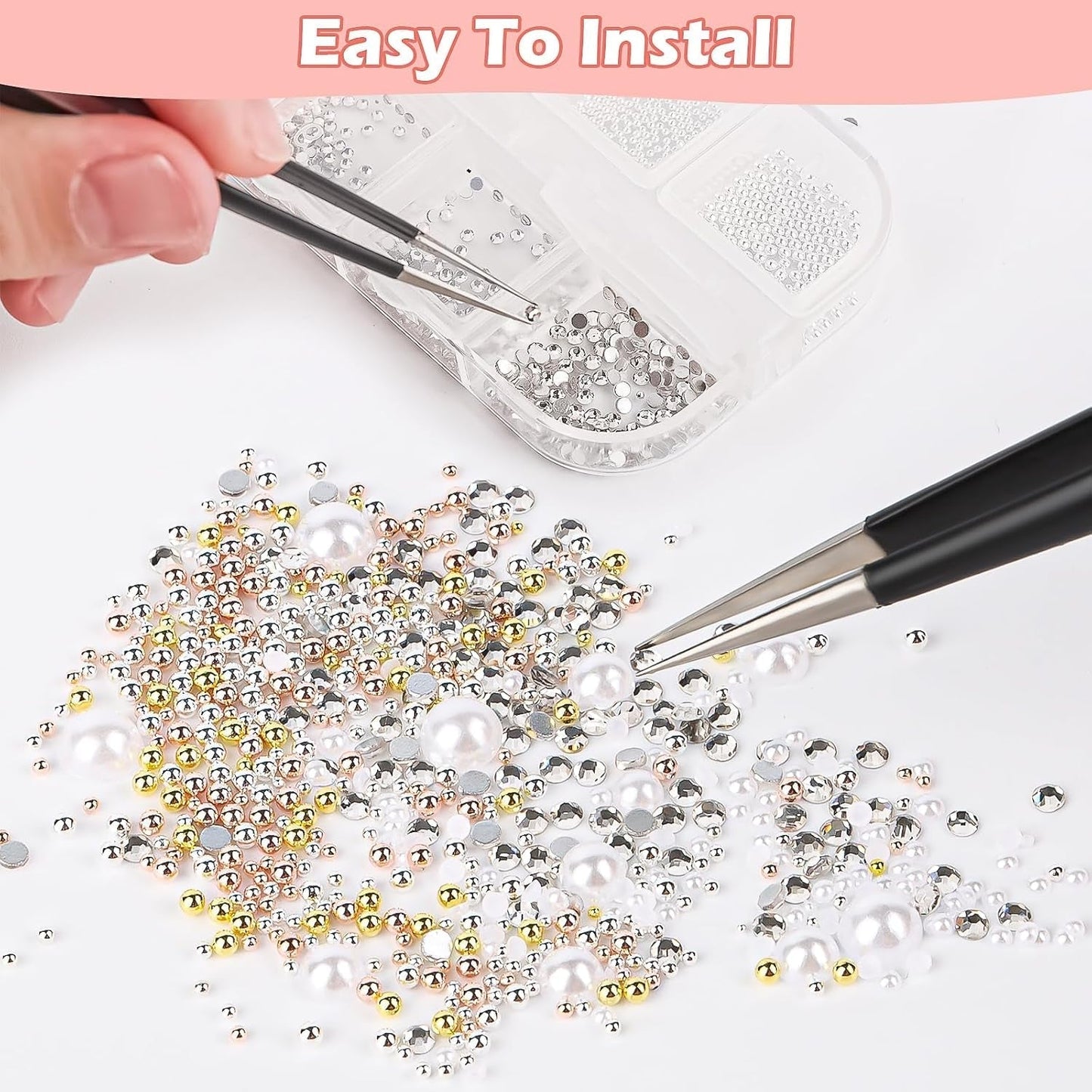 2 Boxen Nail Art Strasssteine, Mit Pincet Nägel Flatback Perlen Nail Charms Mit Kristallen Nagelzubehör Diamanten Edelstahl-Perlen Für Nagelschmuck