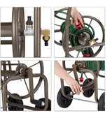 Relaxdays XL slangenwagen, mobiele slanghaspel, metaal, voor 60 m slang, 4 wielen, met slinger, 90° rol, bruin
