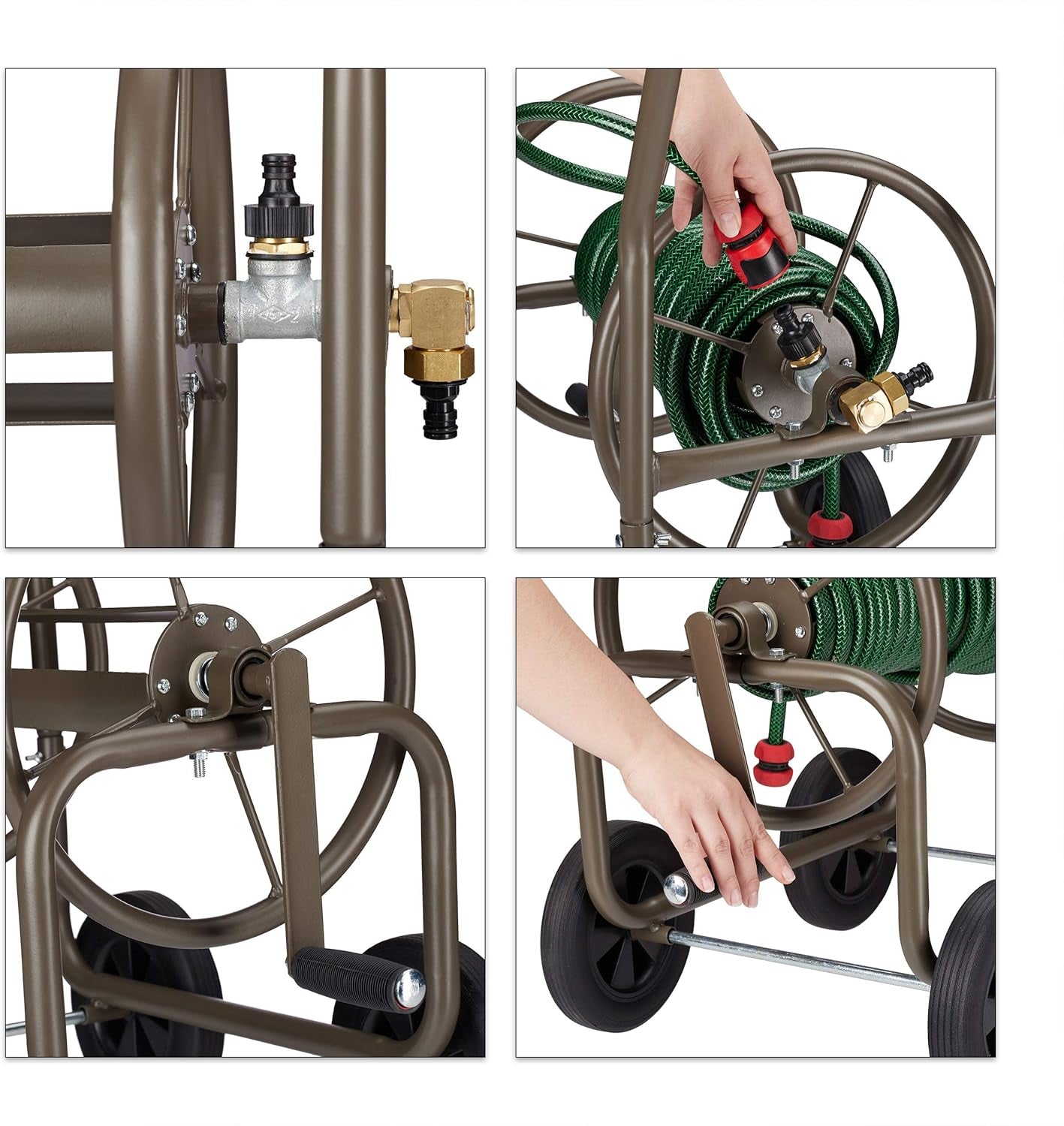 Relaxdays XL slangenwagen, mobiele slanghaspel, metaal, voor 60 m slang, 4 wielen, met slinger, 90° rol, bruin