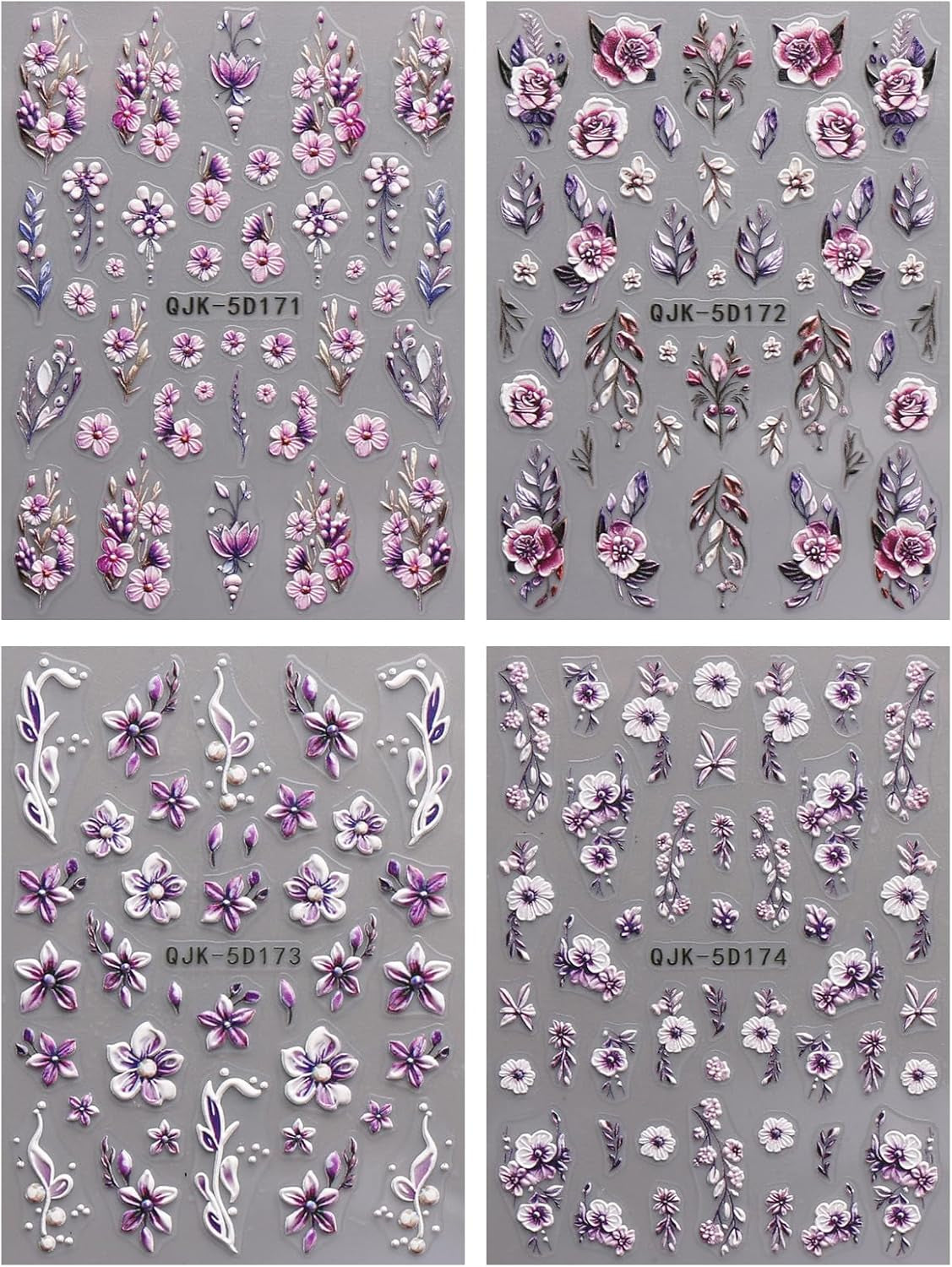 JMEOWIO 3D Nagelsticker Blumen Nail Art Sticker Selbstklebend Nagelaufkleber 5D Stereoskopisch Frühling Zomer Decoratie Nageldesign Zubehör 4 Blatt