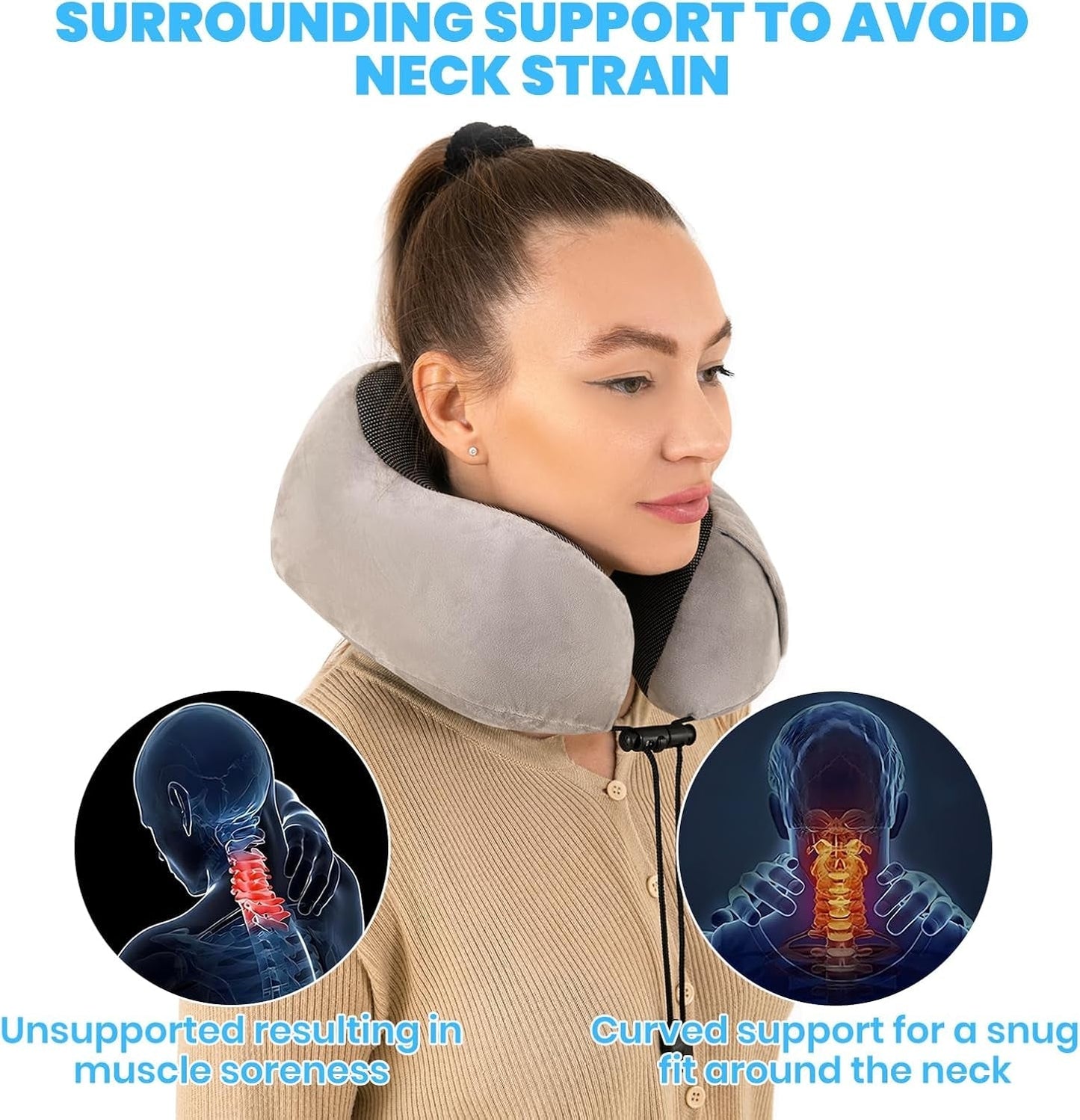 Nekkussen, Nekkussen voor vliegtuig, Reiskussen, Nekkussen voor volwassenen, Nekkussen voor auto, Huiskussen, Ergonomisch kussen van traagschuim, Wasbare smalle rug, Verstelbaar, Grijs