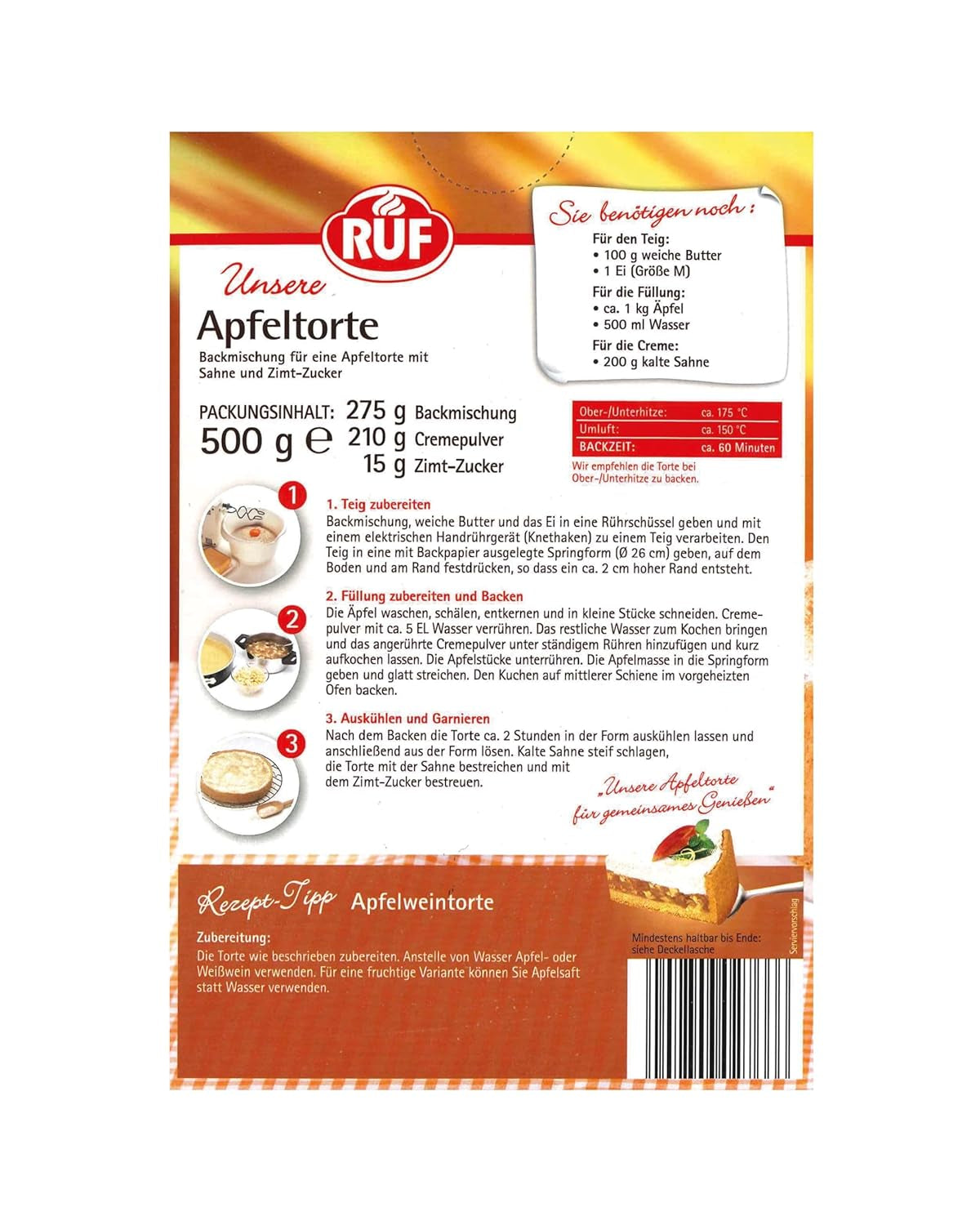 RUF Apfeltorte, Backmischung Für Eine Apfel-Torte Mit Sahne-Creme en Zimt-Zucker, Apfel-Zimt-Torte, Vegan Naty Shop