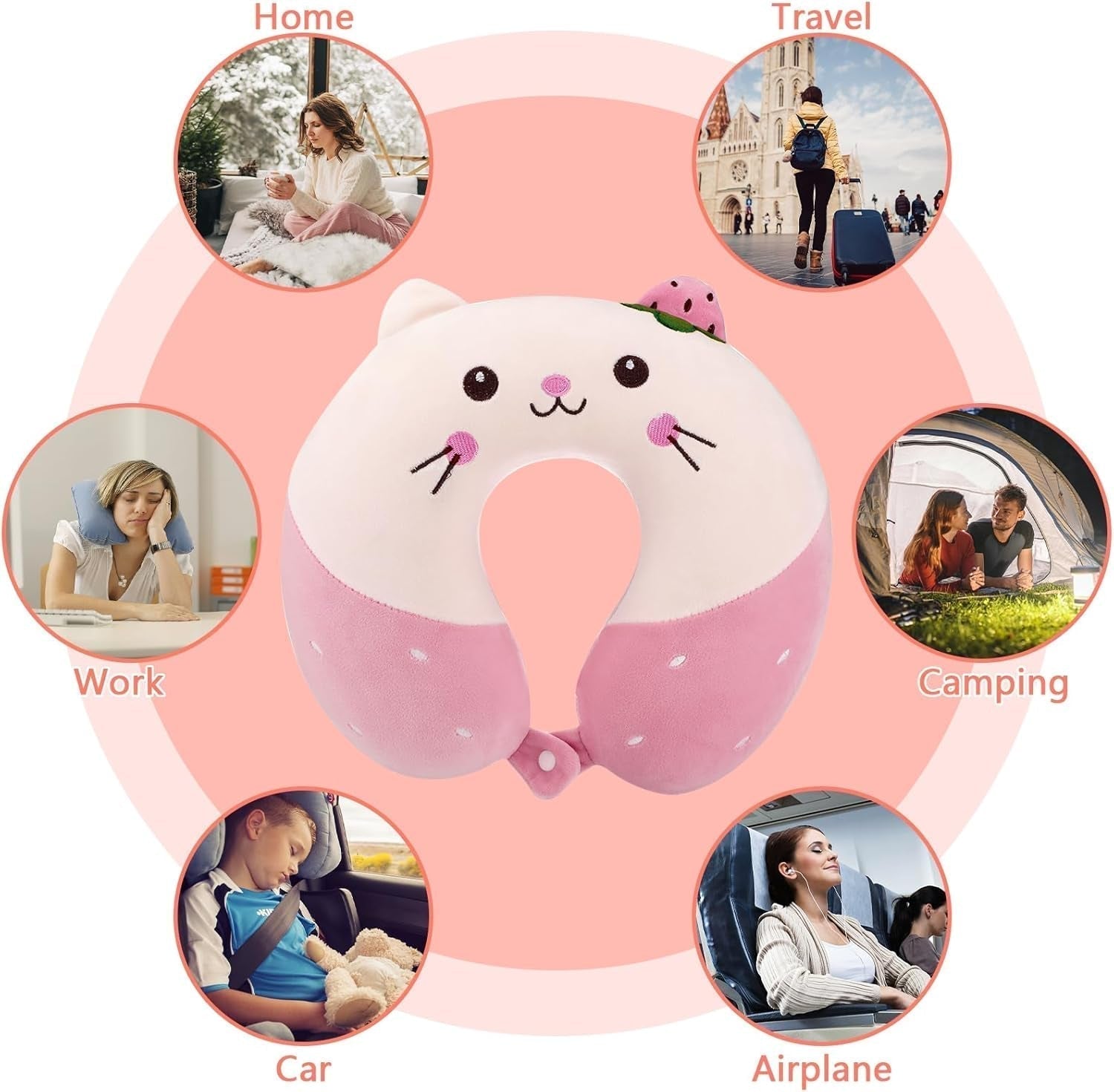 Litimkat Nekkussen voor kinderen Draagbaar nekkussenï¼ŒReiskussenï¼Œ U-vorm Memory Foam Kussen Reizen Vliegtuig Auto Trein Kantoor Thuis Schattig Dierenpatroon Kussensloop Afneembaar (roze) Cervicale orthopedische kussens Naty Shop