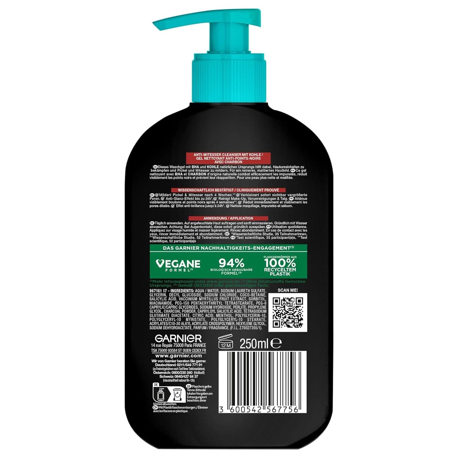 Garnier Charcoal Cleanser Gezichtsreinigingsgel tegen mee-eters en puistjes 250ml Douche & Bad Naty Shop