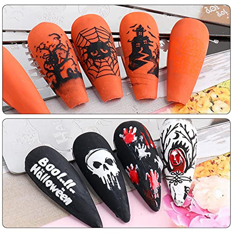 JMEOWIO Nagelstempelsjablonen Halloween 6 Stück Nagelstempelsjablonen Nail Art Decoratie Nageldesign Zubehör Böse Gruselige Kürbis-Geisterhexe