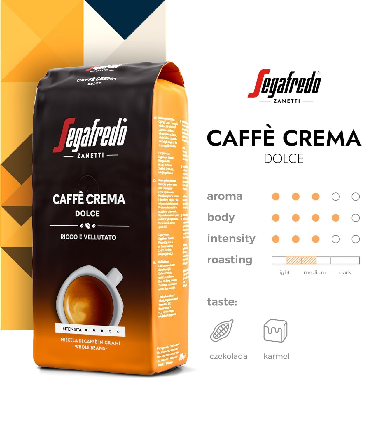 Segafredo Zanetti Caffè Crema Dolce - Hele bonen (pak van 1 kg) - Geschikt voor Caffè Crema - Licht tot medium gebrande koffiebonen met een milde en evenwichtige smaak (pak van 2)