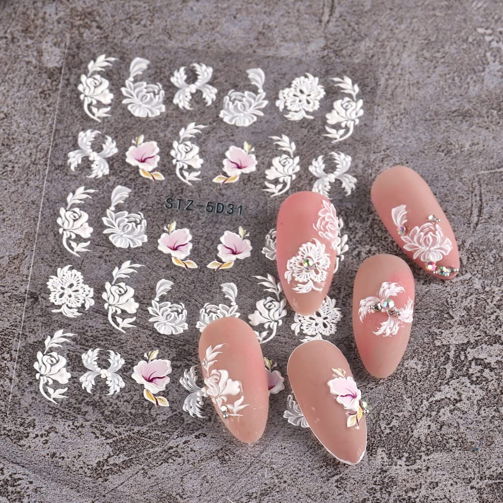 4 Blatt 3D Nagelsticker Frühling Blume Nagelaufkleber 5D Stereoskopisch Selbstklebend Nail Art Sticker Decoratie Nageldesign Zubehör