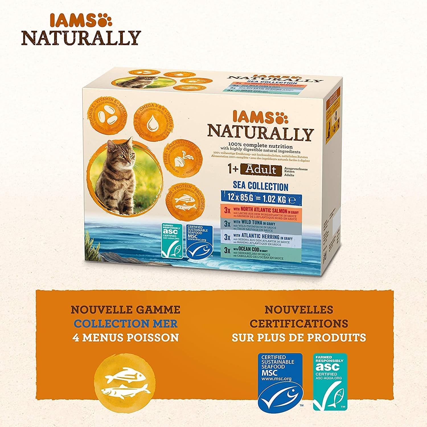 IAMS Natuurlijk natvoer voor katten in saus - Hoogwaardig natvoer met vis voor volwassen katten, Sea Collection, 12 x 85 g