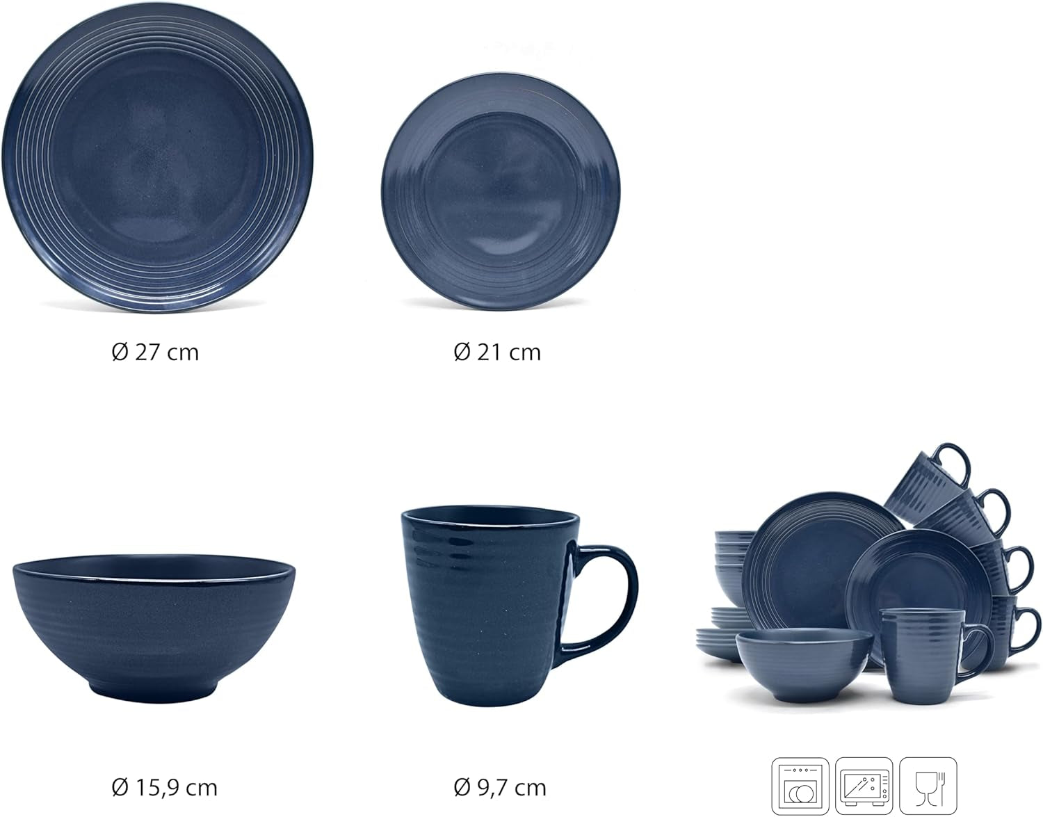 ECHTWERK "Alicia" 16-delige vintage combinatieserviesset modern design voor 4 personen Elegante donkerblauwe steengoedserviesset met 4 borden 4 zijborden 4 kommen 4 theekopjes