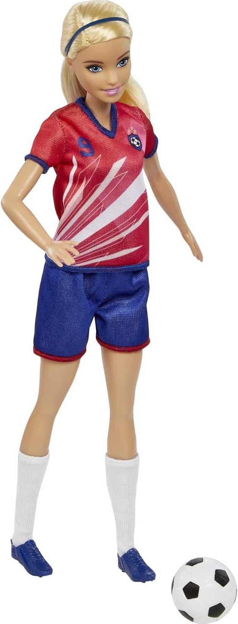 Barbie You Can Be Anything-serie, voetbalspeler, voetbalspeler met blond haar, rode en blauwe trui, bal, accessoires, pop inbegrepen, cadeau voor 3 jaar en ouder, HCN17