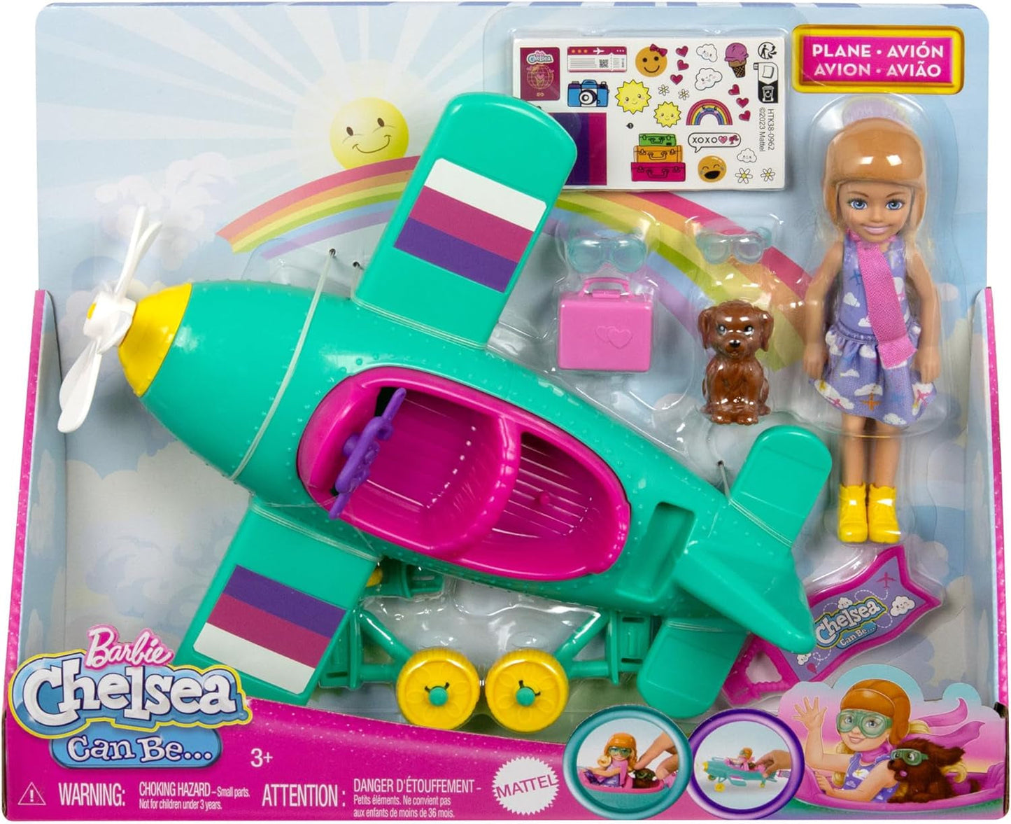 Chelsea Barbie-pop vliegtuig en speelset - pilootpop, vliegtuig-, puppy- en verhaalaccessoires, draaiende wielen en bloemenpropellers, vanaf 3 jaar, HTK38