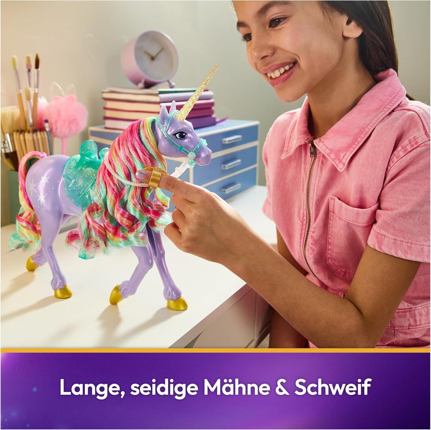 Wildstar Unicorn van Unicorn Academy - 28 cm grote originele Sophia eenhoorn uit de Netflix-serie met echte manen en staart, afneembaar hoofdstel, zadel en borstel, voor kinderen vanaf 4 jaar