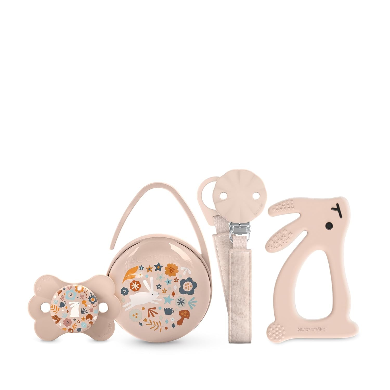 Suavinex cadeauset voor pasgeborenen. 4-delige set bestaande uit: Fysiologische SX Pro fopspeen voor baby's 0-6 maanden + speenhouder + Duo speenhoesje + siliconen bijtring. Wonderland, beige