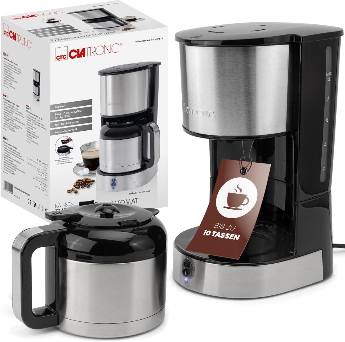 Clatronic® koffiezetapparaat met thermoskan voor 8–10 koppen koffie (ca. 1,2 l) | RVS filterkoffiezetapparaat | Dubbelwandige thermoskaraf | Geen temperatuurverlies | Koffiezetapparaat 800 W | KA 3805