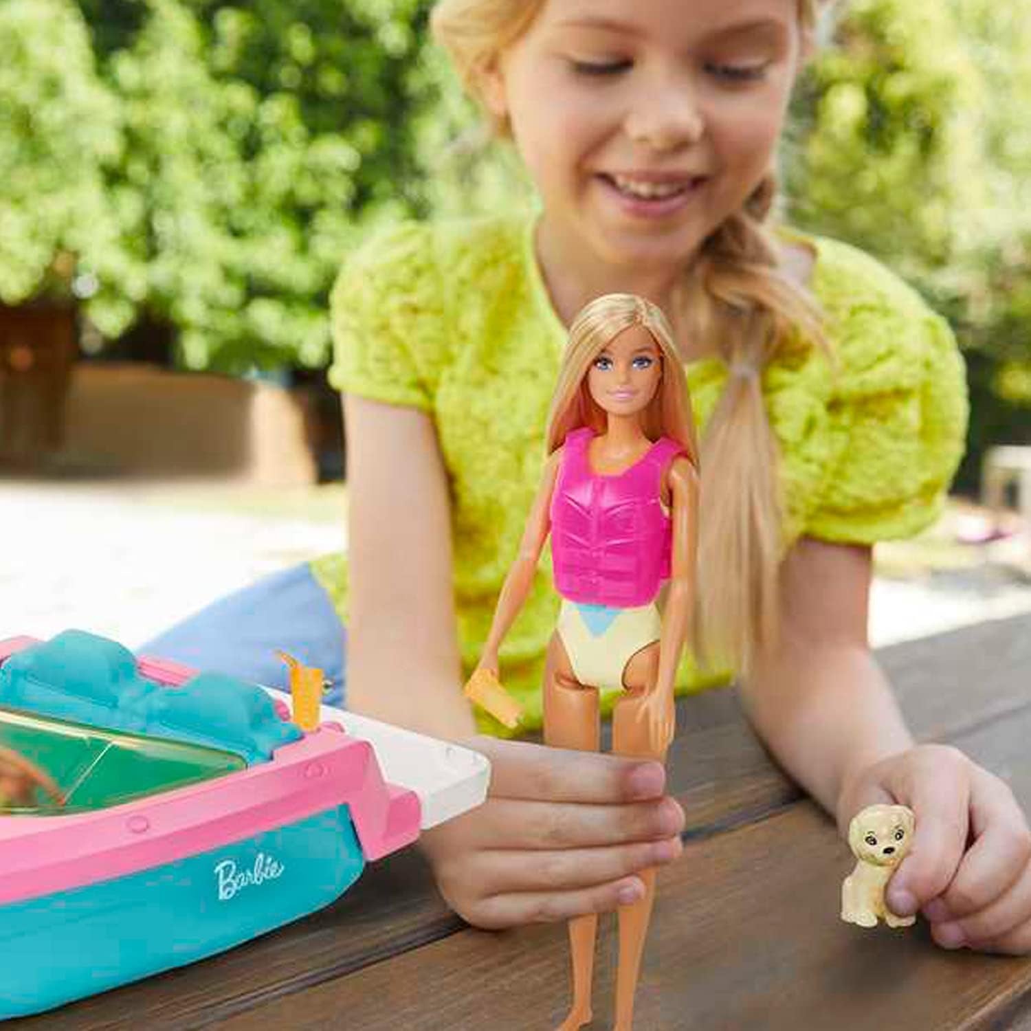 Barbie Speedbootset, Barbie-pop met blond haar, roze zwemvest, boot, puppy, accessoires, cadeaus voor 3+, Grg30 Naty Shop-poppen