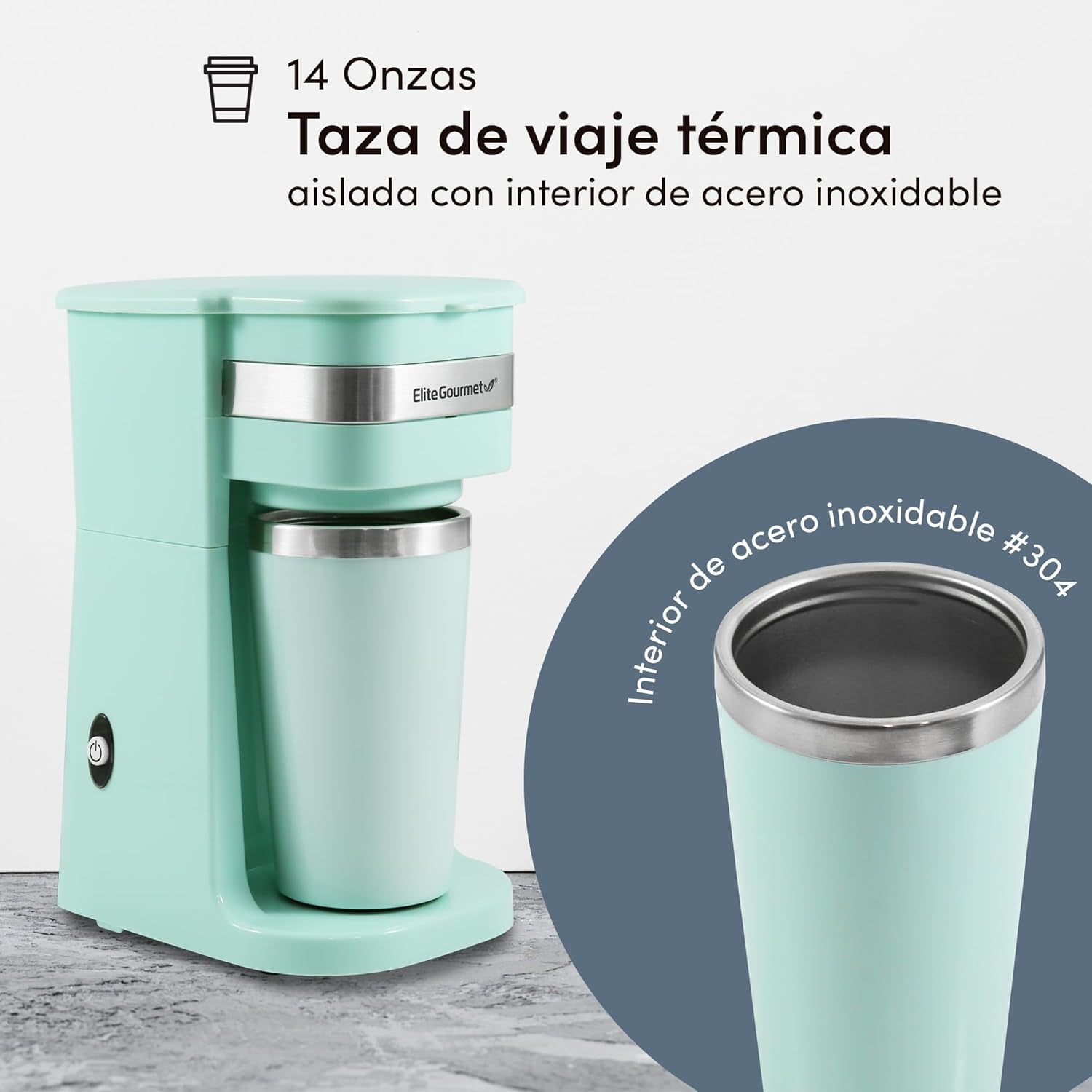 EHC113M# Compact persoonlijk filter-espressoapparaat voor één portie met roestvrijstalen thermische reismok aan de binnenkant van gemalen koffie, herbruikbaar filter mintgroen 400 ml