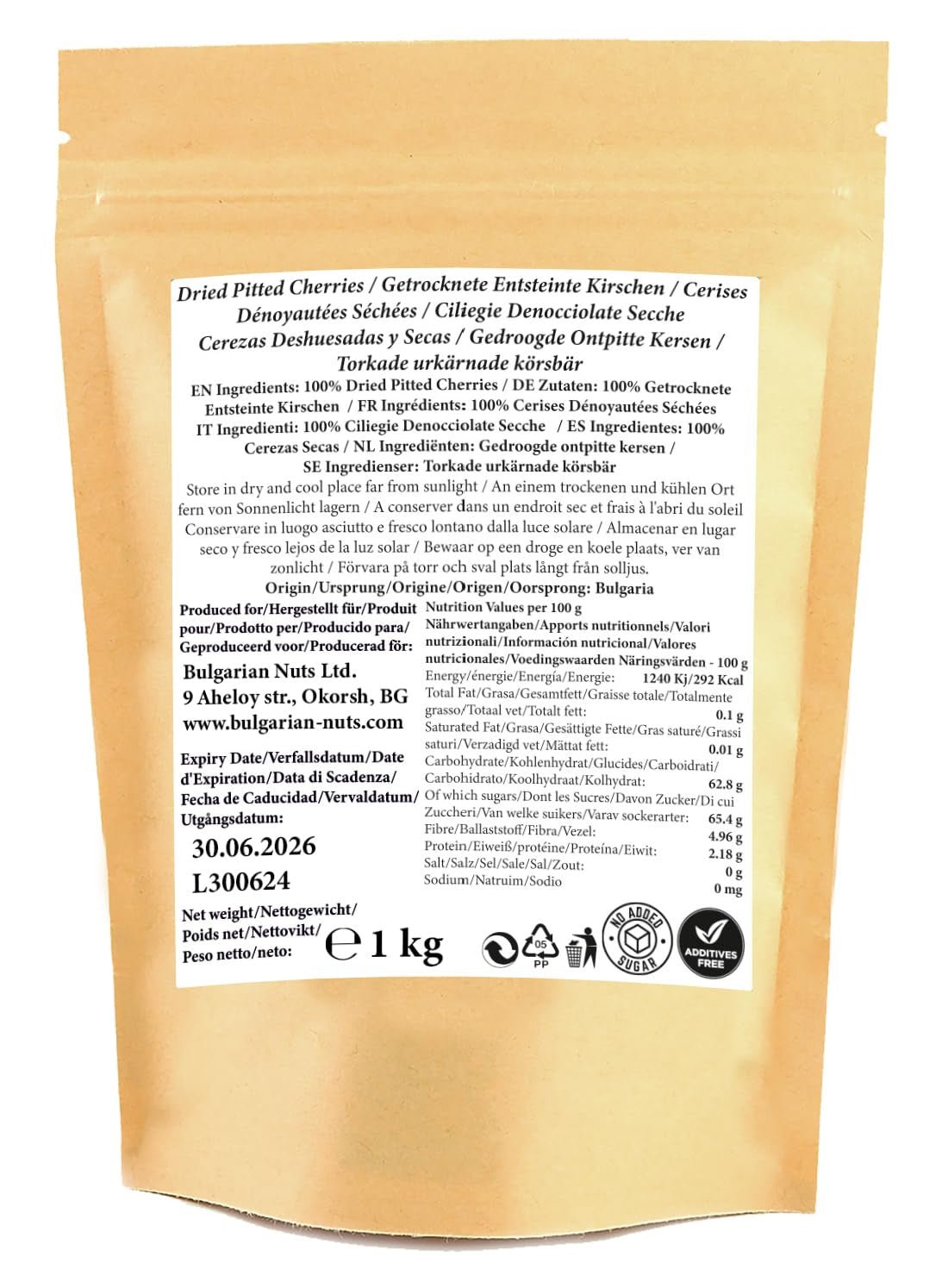 1 kg zongedroogde, ontpitte, natuurlijk zoete kersen - geen toegevoegde suiker, geen additieven, geen bewaarmiddelen. Echte kersen - echte smaak. Naty Shop gedehydrateerde producten