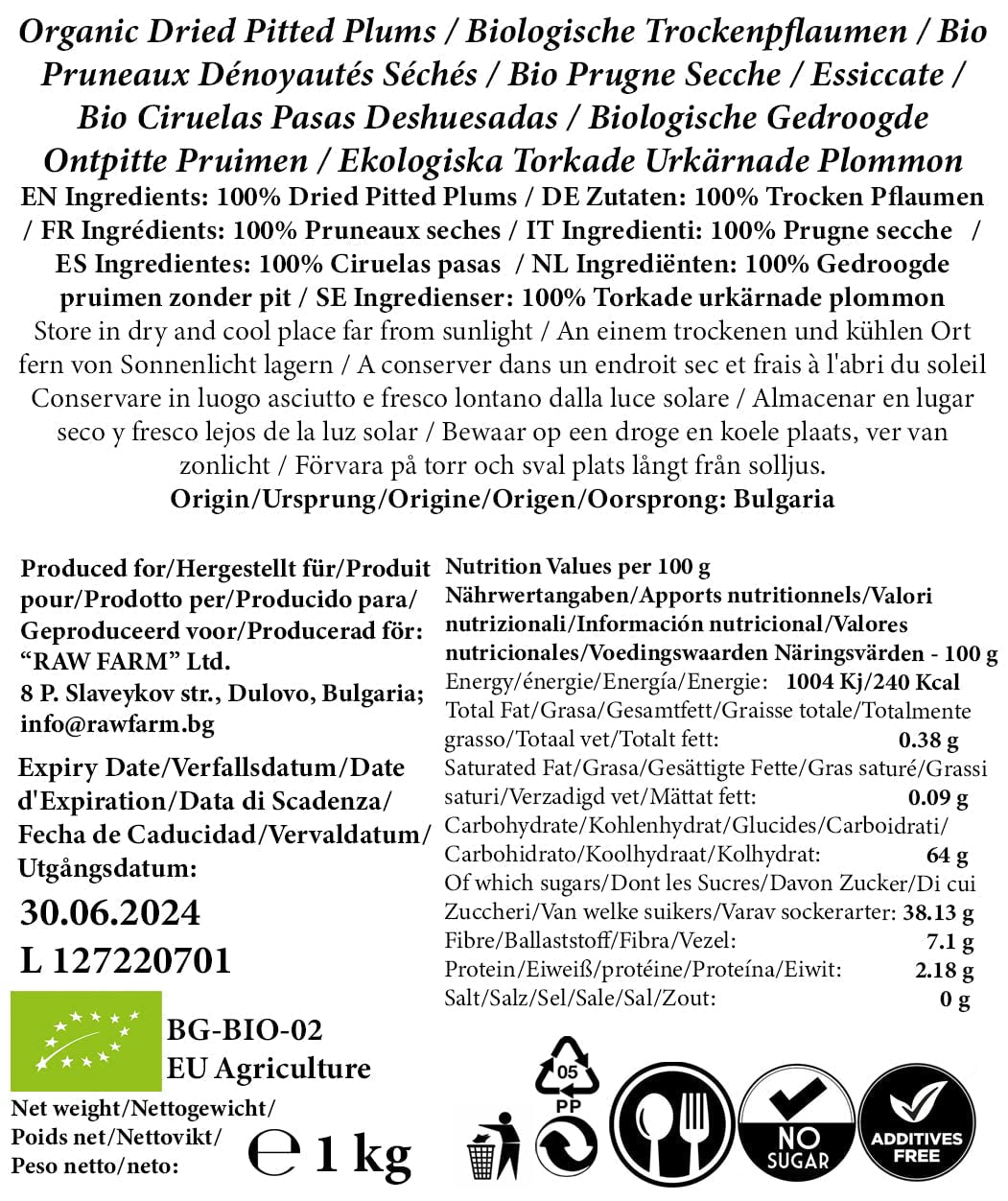 1 kg biologische gedroogde pruimen met zachte pit, zonder toevoegingen en conserveermiddelen, geheel natuurlijk Gedehydrateerde producten Naty Shop