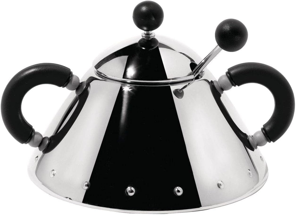 Alessi theepot met roestvrijstalen lepel, PA-handgrepen en knop, zwart